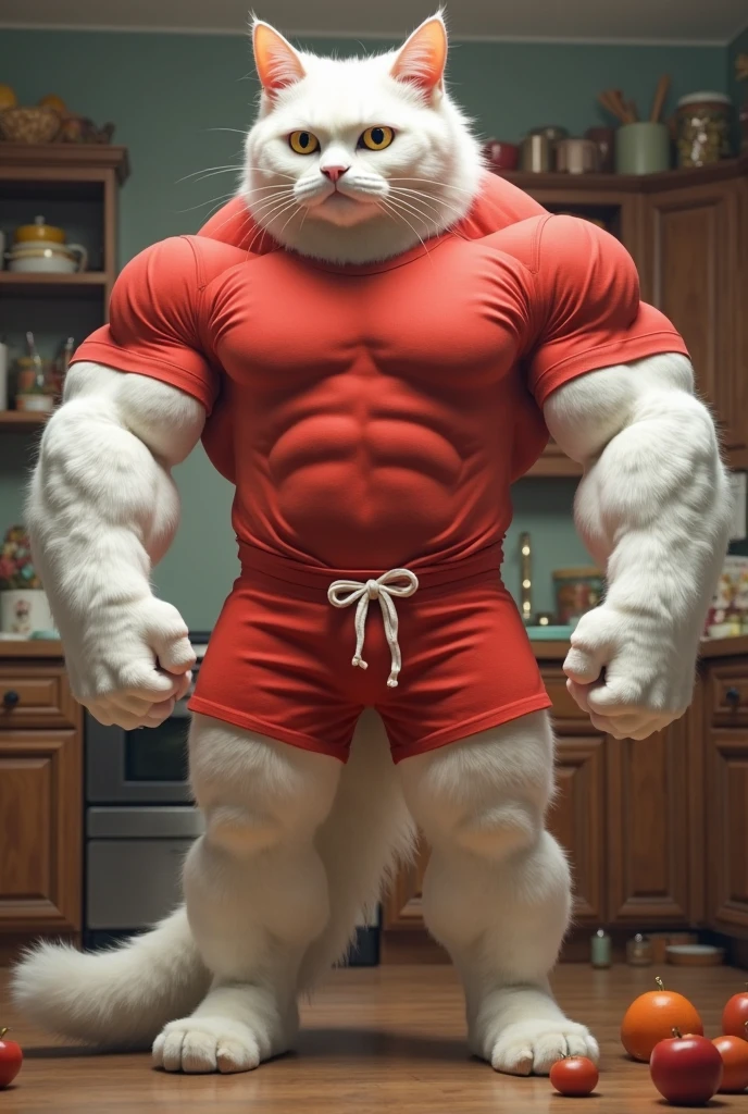 Handsome White Bodybuilder Cat in Red Shirt:

Description: A handsome, muscular white cat dressed in a tight red shirt that accentuates his strong physique, paired with crisp white pants and dress shoes. He stands heroically, exuding confidence and strength. The background shows a dramatic scene, possibly a chaotic or action-filled environment. Background in cozy party room