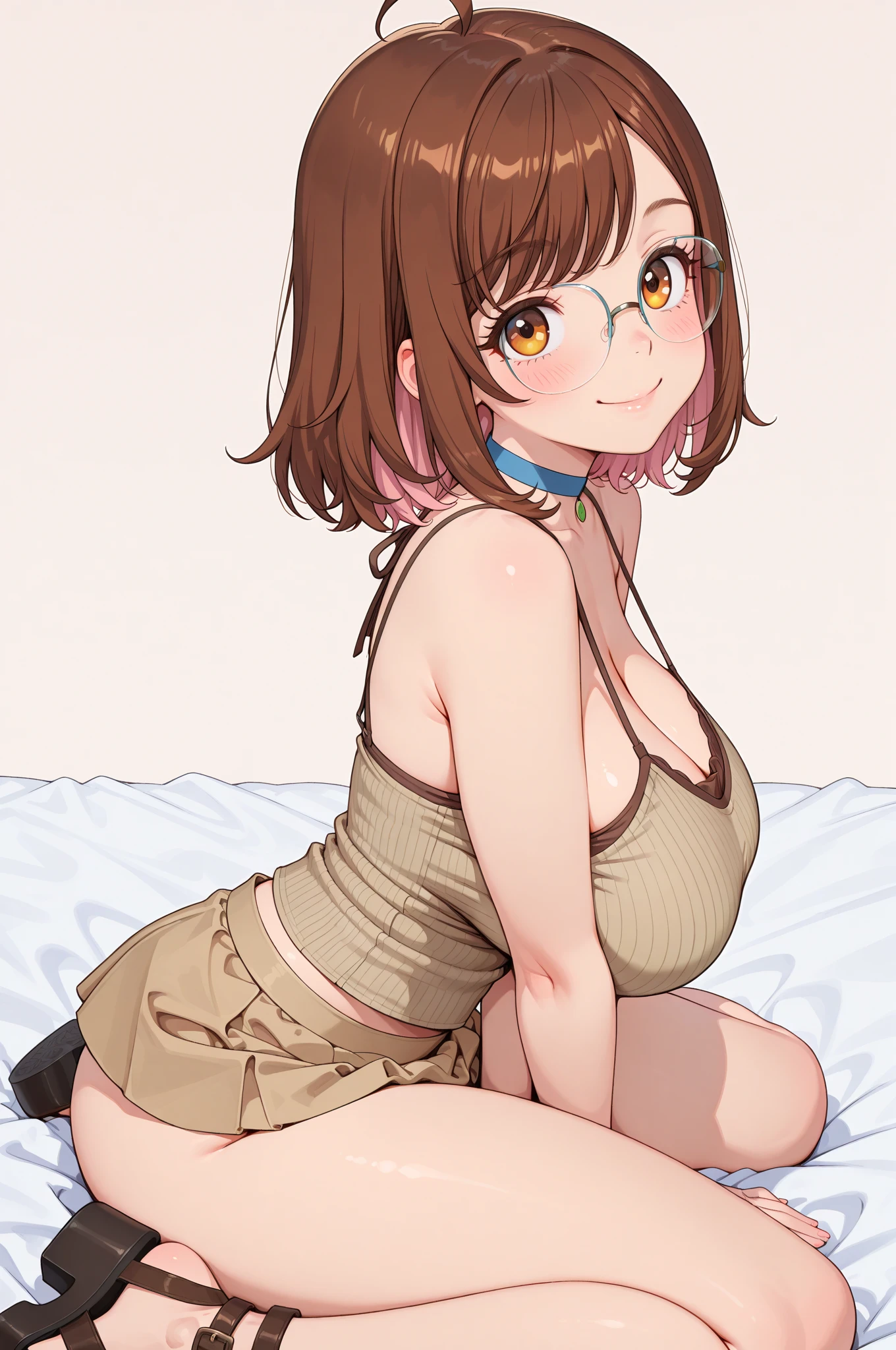 (Ochaco uraraka),(is a short girl with a curvy figure, fair skin and curly hair with eyes that match in color. She has perpetual pink blush on her cheeks, and her eyes are large and round with thick upper lashes, two more extended and more prominent on both sides and fewer, but more individually pronounced lower lashes. Her hair is shoulder-length with short bangs, and the style is balanced with two long strands framing her face),(Wearing),+,(a sexy bunny outfit that consisted of a larger black strapless one heart decots and showing feathers and super sexy and tight arms)