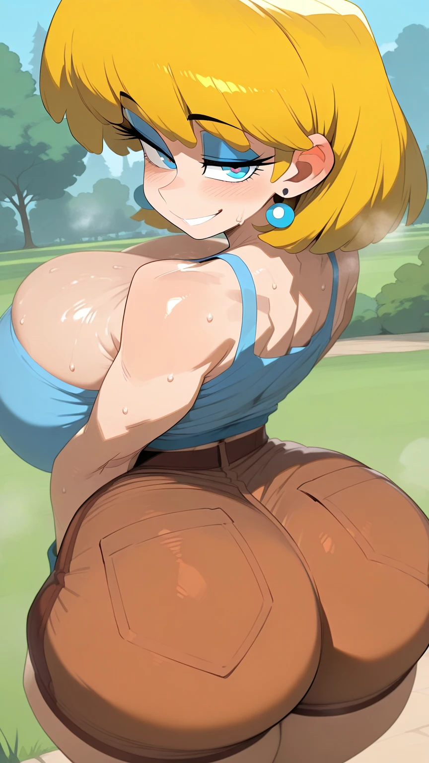 Yellow skin, big breasts, big thighs, blue turtle neck, green socks, tail, yellow and blue cat ears, short yellow hair