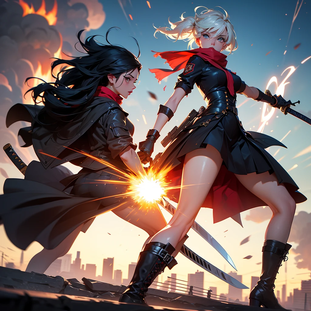 Angry young man screaming and woman, blue hair, silver hair, furrowed brows, angry,mad scream, crying, hopeless man with grey hair wearing a long leather coat, running, man wearing a black bonet, man with grey messy long hair, combat boots, in a dynamic pose, fighting, strained facial features, man in combat, sci fi, (8k, RAW photo, photorealistic:1.25) ,( lipgloss, eyelashes, man, gloss-face, glossy skin, dark skin, dark snik, male, best quality, ultra highres, young man, depth of field, chromatic aberration, caustics, Broad lighting, natural shading,Kpop idol) looking at viewer with a serene and god-like happiness, playful alluring smirk