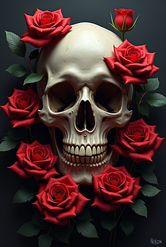 a skull with roses and leaves on its head, skull made of red roses, 8k highly detailed, 16k highly detailed, adorned with demon skulls, glowing red skull, with a crown of skulls, black and red colors, death skull, gothic horror vibes, red skull, ((skull))