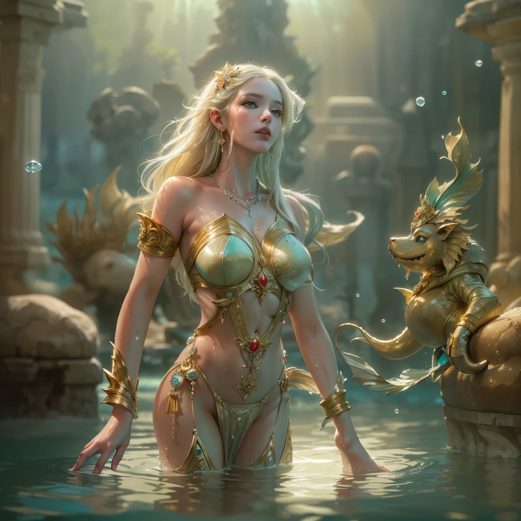 The female serpent, white and gold with sparkling tips, is in the river.