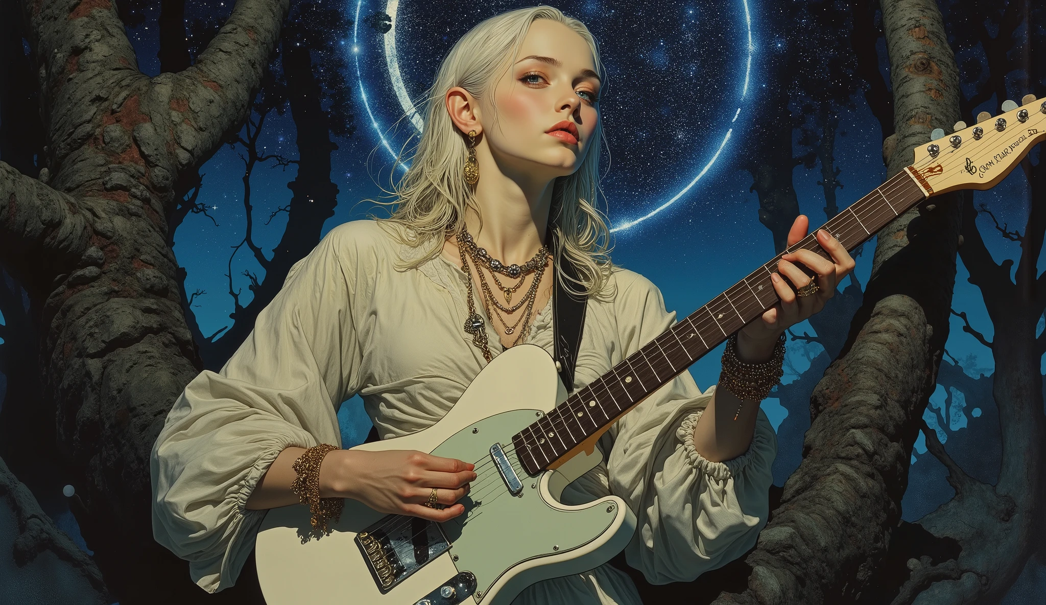 (( Bartolomé Murillo)) ((Cyberpunk's)), unique , In the woods starry sky, halo, , , ,sexy, , Blonde Long, ((Bartolomé Esteban Murillo style)), darkness,SF, ((top quality, masterpiece)), (More Rights , 高details), 8,000,Canvas Oil Painting
Her porcelain-white skin、Glowing Softly, Extraordinary Beauty . sexy((top quality)), ((masterpiece)), ( details),two female persons, guitarist & vocalist , ,30yers old, beauty, information(masterpiece, Best Quality, bst quality, Official Art, beautiful and aesthetic :1.2), ( 1 girl), Extremely Detailed ,( Fractal Art :1.3),colorful, Best details, Alphonse Mucha , black Hair, blue Eyes 、zodiac, Elegance, clear, Elegant, playing a fender electric guitar , slim legs, super low angle,