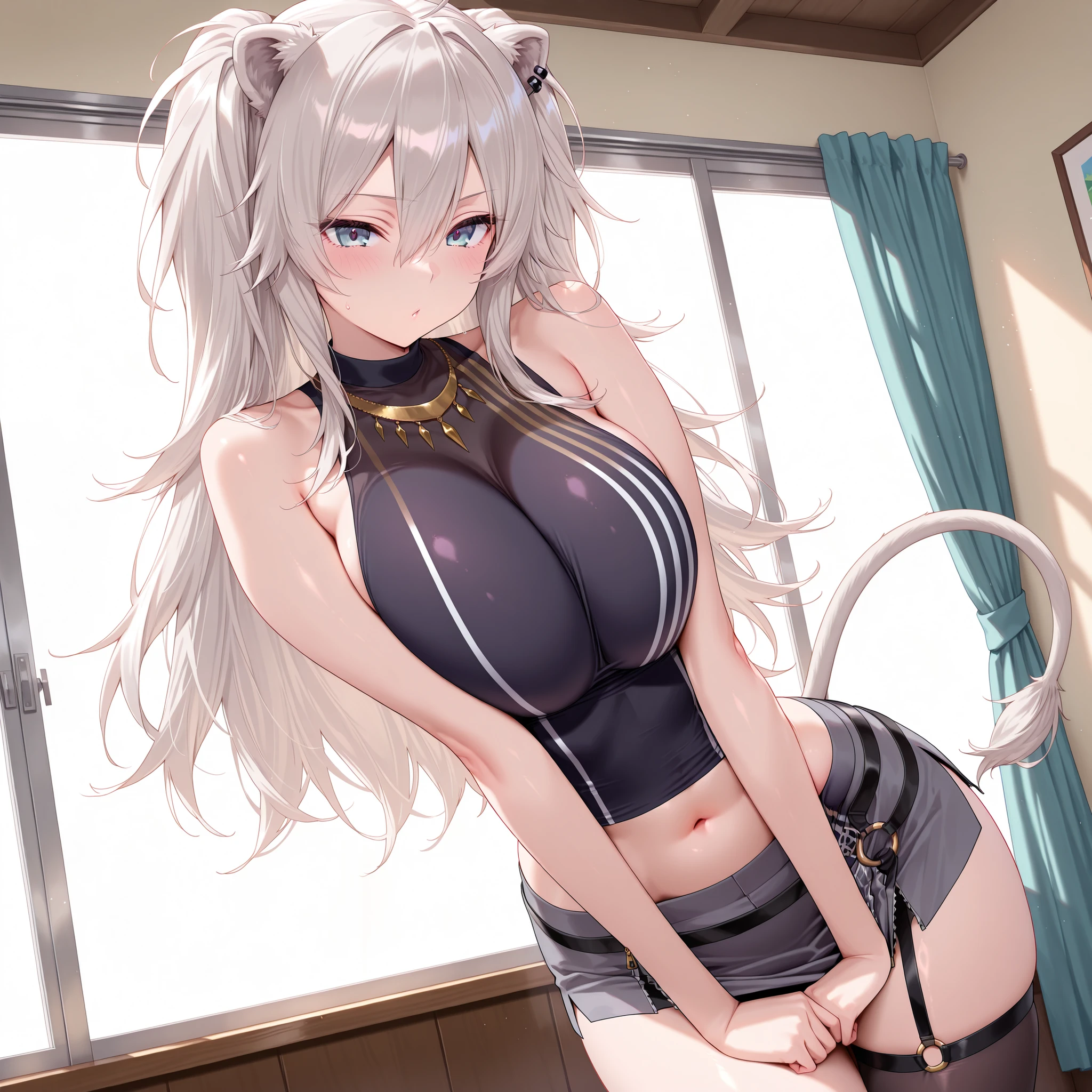 olo,masterpiece,best quality, amazing quality, highres, absurdres, very aesthetic, high resolution, ultra detailed, perfect details,botanIL, ear piercing, lion tail,botandef, long hair, navel, hair between eyes, two side up, black shirt, midriff, grey skirt, necklace, bare shoulders, miniskirt, single leg pantyhose, black pantyhose, sleeveless shirt, o-ring,,(masterpiece, detailed:1.2)、breasts squeezed together,