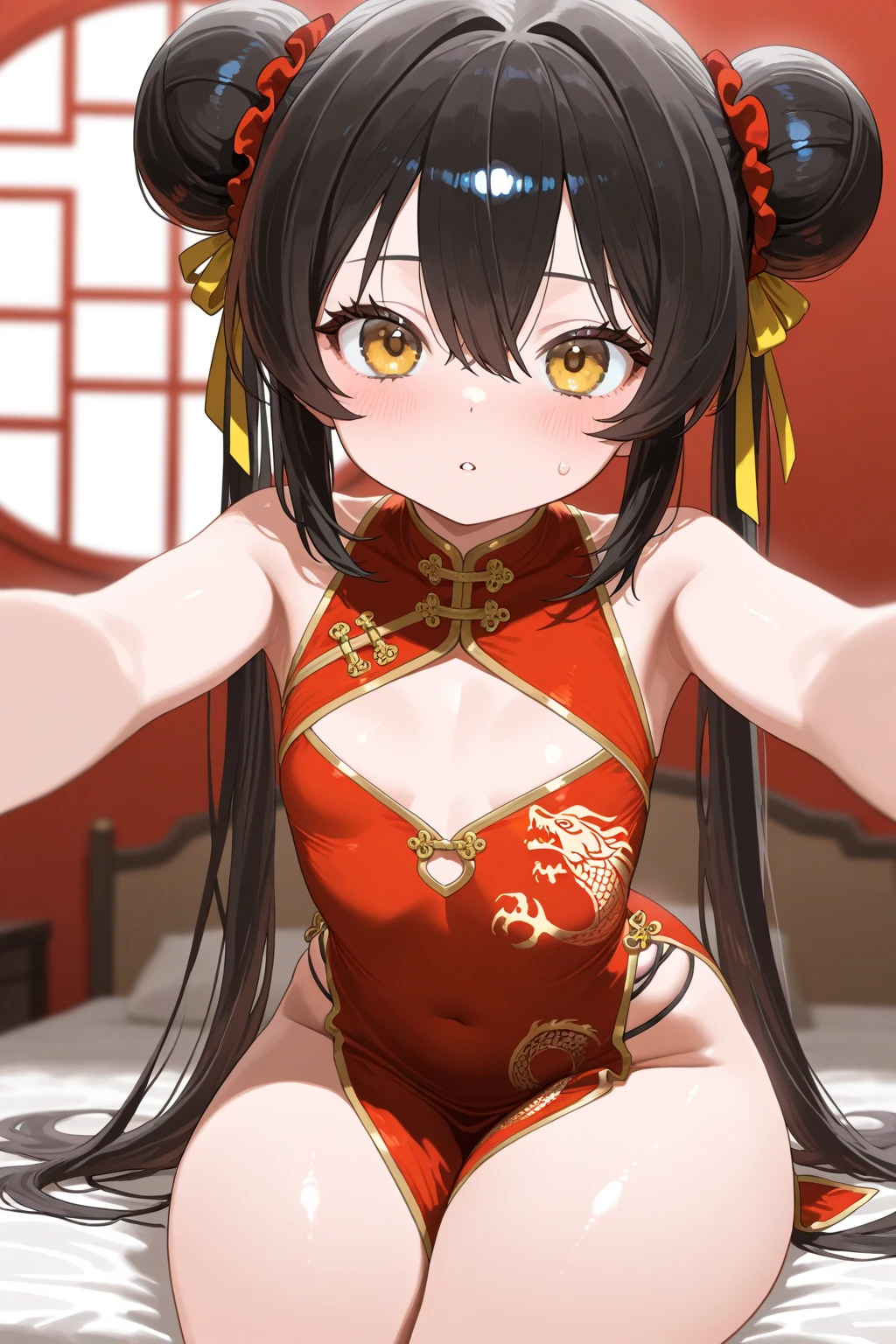 ((ultra detailed,8K, ultra highres)),(best quality),((hyperrealistic)),((pastel color)),10 years old,(child girl:1.6),(tiny girl:1.6),(mesugaki),(small girl:1.2),(glamorous:1.2),beautiful lips,black hair,crosseyed,(large breasts),(nudi-ty),((open breasts:1.3)),nose blush,wet,((kimono, Japanese clothes)),(lace panties),(japanese shrine),smile,((spread legs)),perfect legs,perfect fingers,(nopanties),(small breasts),(flat chest),(