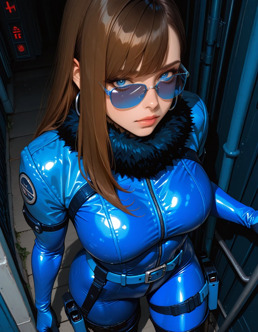 The best wallpaper for mobile, award winning wallpaper, PORTRAIT PHOTOGRAPHY, In the front view it is a portrait of a woman with very tight clothes, big breasts, ponytail-style red hair, bem sexy,  dos anos 60, side photo, taken with Canon EOS R5, define a strong contrast that accentuates the subject,  fluorescent blue tone, wearing very modern sunglasses in the style of the 60s, low-cut single-color clothes, beautiful background