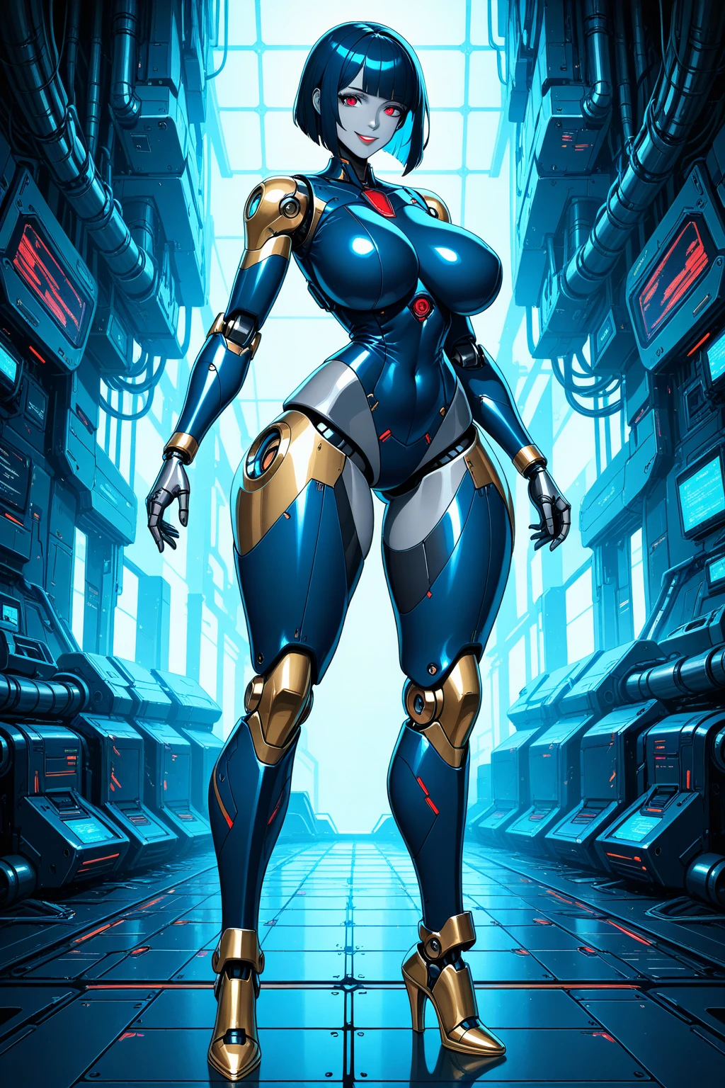 ((Radiant Aura:1.7)), 8k ((full body view))((view from below:1.6)) (large eyes:1.3), defined cheekbones, looking back, ((the pit style:1.4))((sleek chrome bodysuit:1.6)) ((zentai bodysuit:1.6)), ((visor))((intricate metal details:1.4))detailed face:1.5), lightblue skin,(puffy lips:1.5) (lightblue skin:1.6), (bald woman:1.7), (skinhead) ((sexy pose)),(Muscular:1.3), ((gigantic breasts:1.5)), )highly detailed, majestic, digital photography, art by artgerm and ruan jia and greg rutkowski, ((metal shoulder pads:1.2)), (masterpiece), sidelighting, intricate details, black and blue color palette