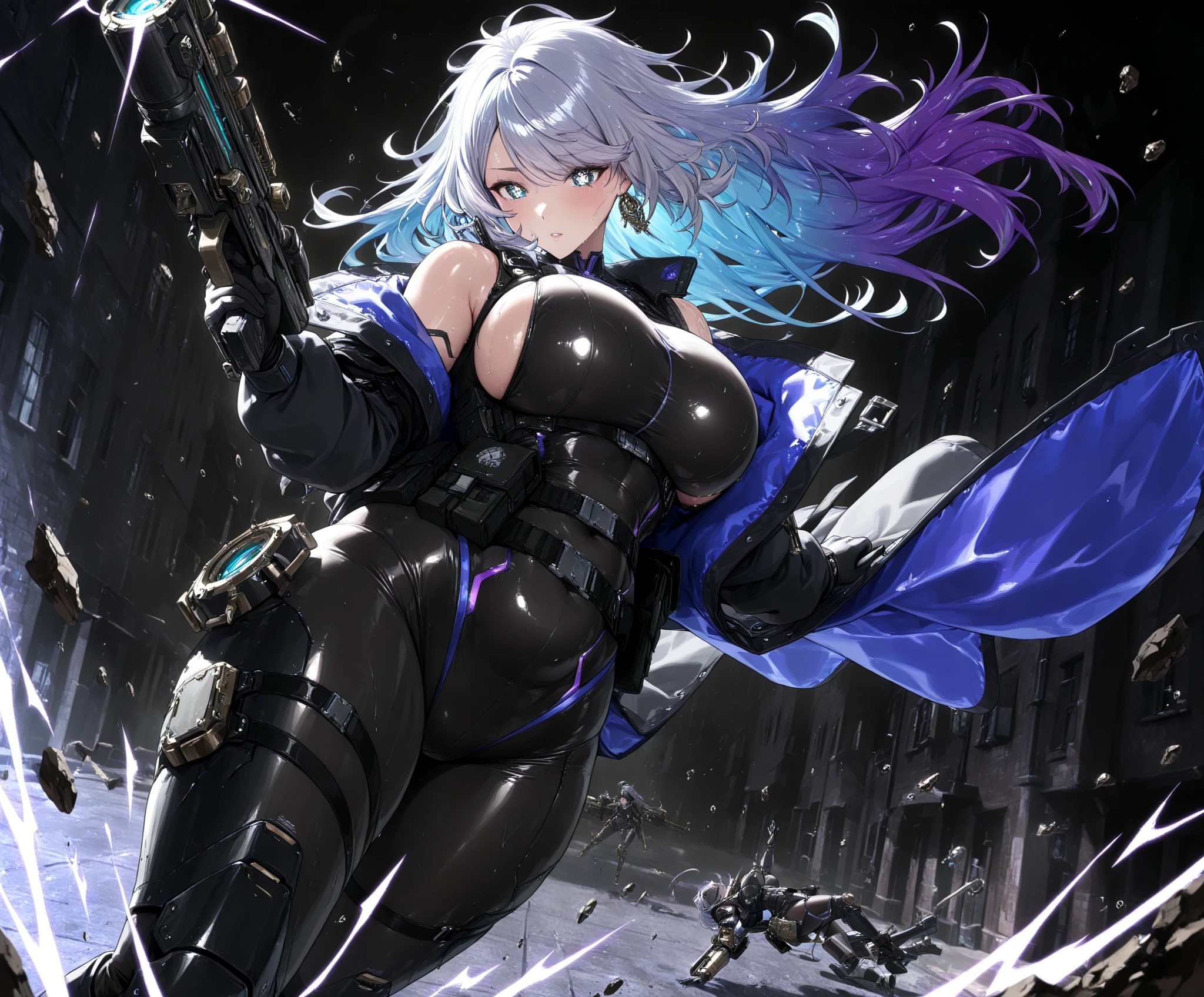 Anime girl with long white hair and black leather jacket is walking down the street, Girl with silver hair, anime style 4 k, artwork in the style of guweiz, perfect gray hair girl, Anime style. 8K, guweiz, Seductive Anime Girl, guweiz on pixiv artstation, Cyberpunk Anime Girl, best anime 4k konachan wallpaper
realistic, bangs, strictly straight haircut, long hair, off shoulder, rainbow hair, oversized, white with violet undertone silky Top, bare legs, thigh, cleavage, collarbone, (extremely detailed CG unity 8k wallpaper, masterpiece, best quality, ultra-detailed, best shadow), (masterpiece:1.2, best quality),((Heterochromia_eyes)(multicolor eyes)
(Right eye: red_color)
(Left eye: gray_color))
Blunt_bangs, straight_bangs, silver_bangs, carefully_styled_bangs, Sleek_bangs, strictly_straight_sidelocks,
Strictly_Straigh_hairstyle, long_hairstyle, straight _cutted_hair, soft body, cute, arm strap, thigh strap, outside, out door, raining, night, wet cloths, standing, standing in the rain, wet hair, wet skin, see through, (heavy rain), ruined building, messy ground, bullet shells on ground, dust, wounds, walking, (leather ( with diamond futuristic ornament)jacket), tactical suit, military equipment, (night), white legwear, wet thighs, ((lotion)), from behind, (wet), dress, skirt, , happy, happy expression, thighs, from below, horizon, \(weapon\)