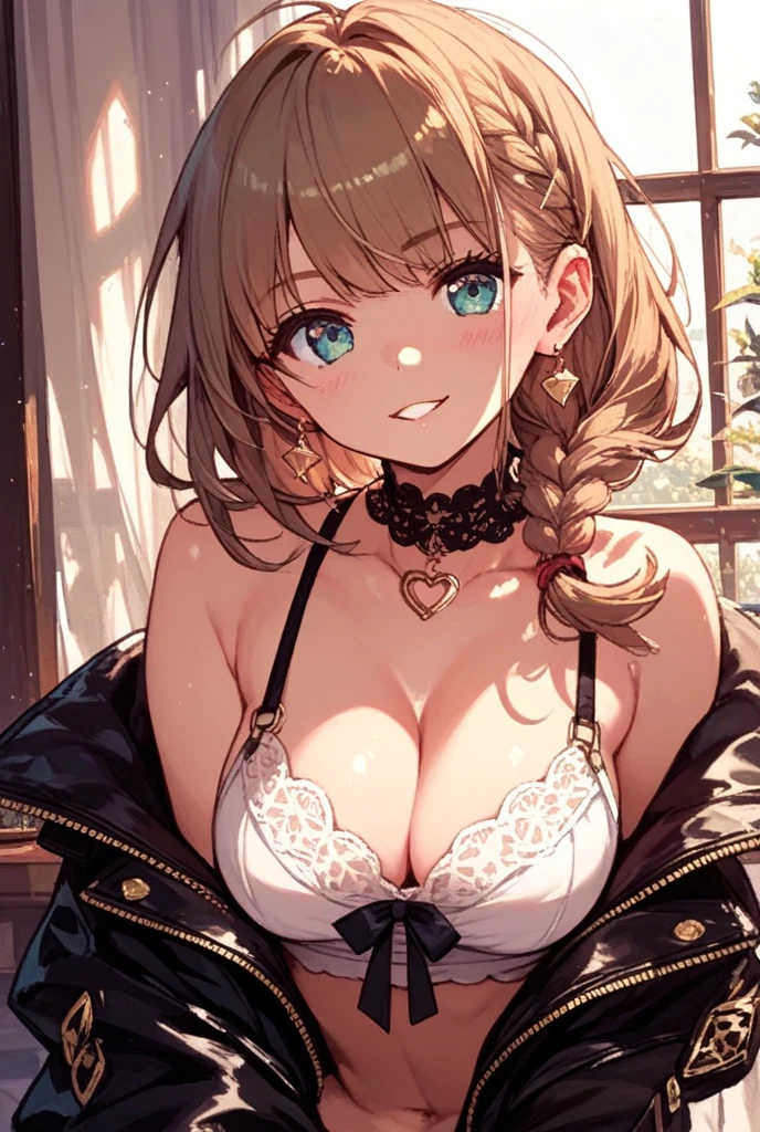 (best quality), (Super detailed), (Best Illustration), (1woman), look at viewer, (flower pattern bikini), (Big Breasts:1.2), {brown hair, (bob cut:1.2), curly hair, hairs between eyes}, {(detailed eyes), heart-shaped pupils, blue eyes}, blush, sweat, steam, earrings, flower hairband,