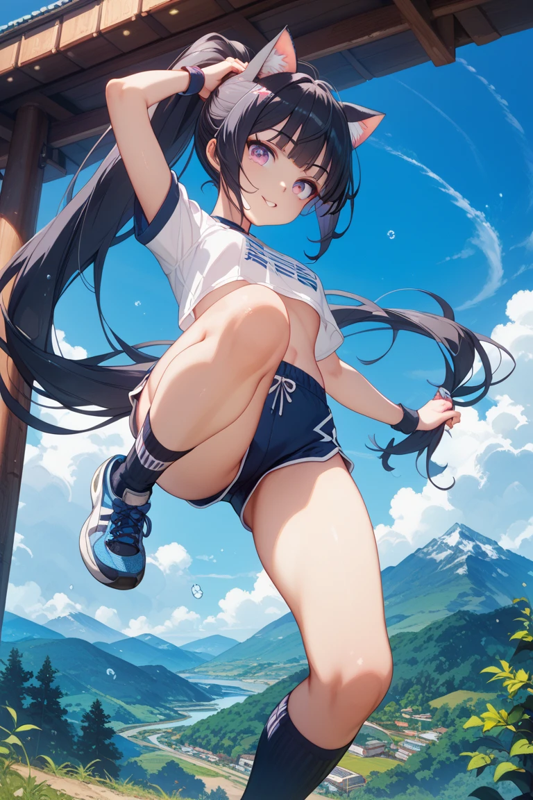 (Artwork, best quality: 1,2), 1 girl, Alone, standing_Split, green eyes, black hair, long hair, no panties