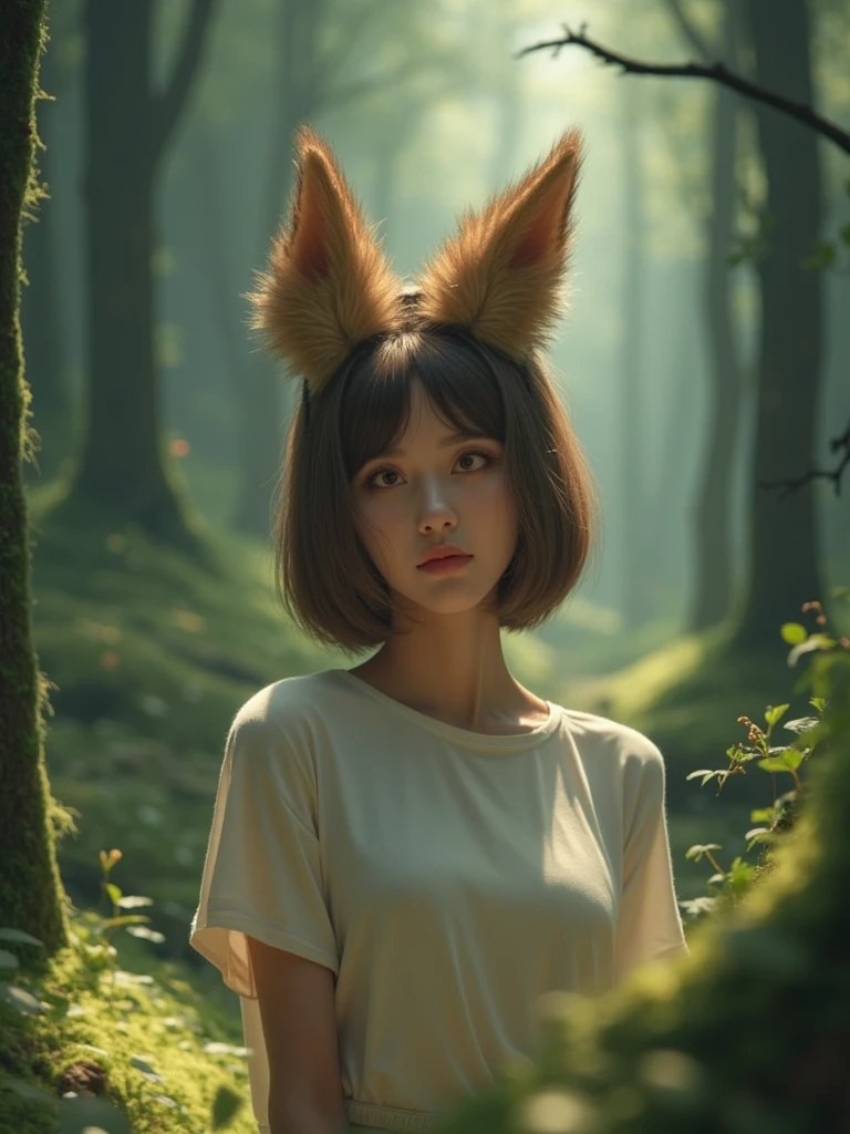 One person, Hair blowing in the wind, Squirrel ears, blue eyes, Wide-angle shot, flower on head, Background blur, Digital Art, Part of the picture goes outside the frame,