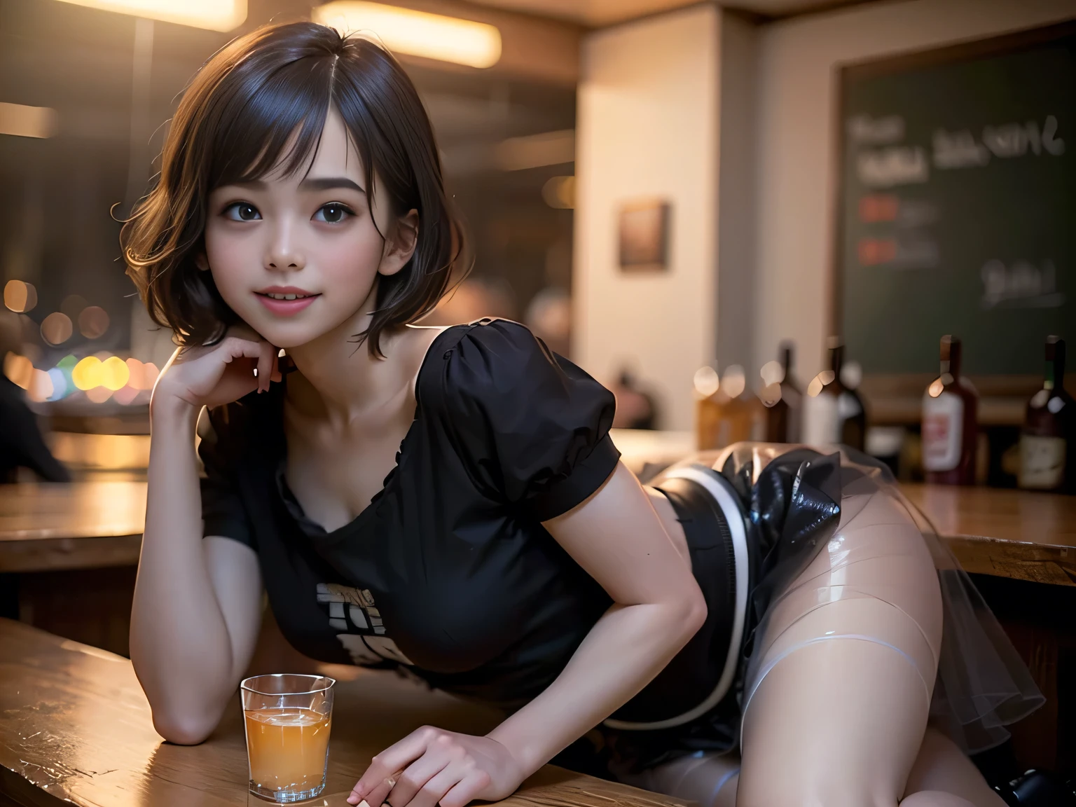 (Highest quality, masterpiece, Ultra-high resolution, 8K, RAW Photos, Realistic, Anatomically correct:1.5), (Stainless steel round bar fence:1.0, Put your elbow on the fence:1.2, 20-year-old girl:1.2, Embarrassing, avert your eyes, blush:1.0, View Viewer, ((bar)) 、Night view、 Light:1.2, Bokeh, Cinema Lighting:1.0, Depth of written boundary, sharp、 Cute face、Idol、Black short sleeve lace top、Black pleated skirt、Black clothing、”dwarf”、(Floral clothes)、Full Body Shot、Side angle、Cowboy Shot、 smile、(Ultra short hair、Short ponytail)、(Straight bangs)、((See-through))、(( One Girl))