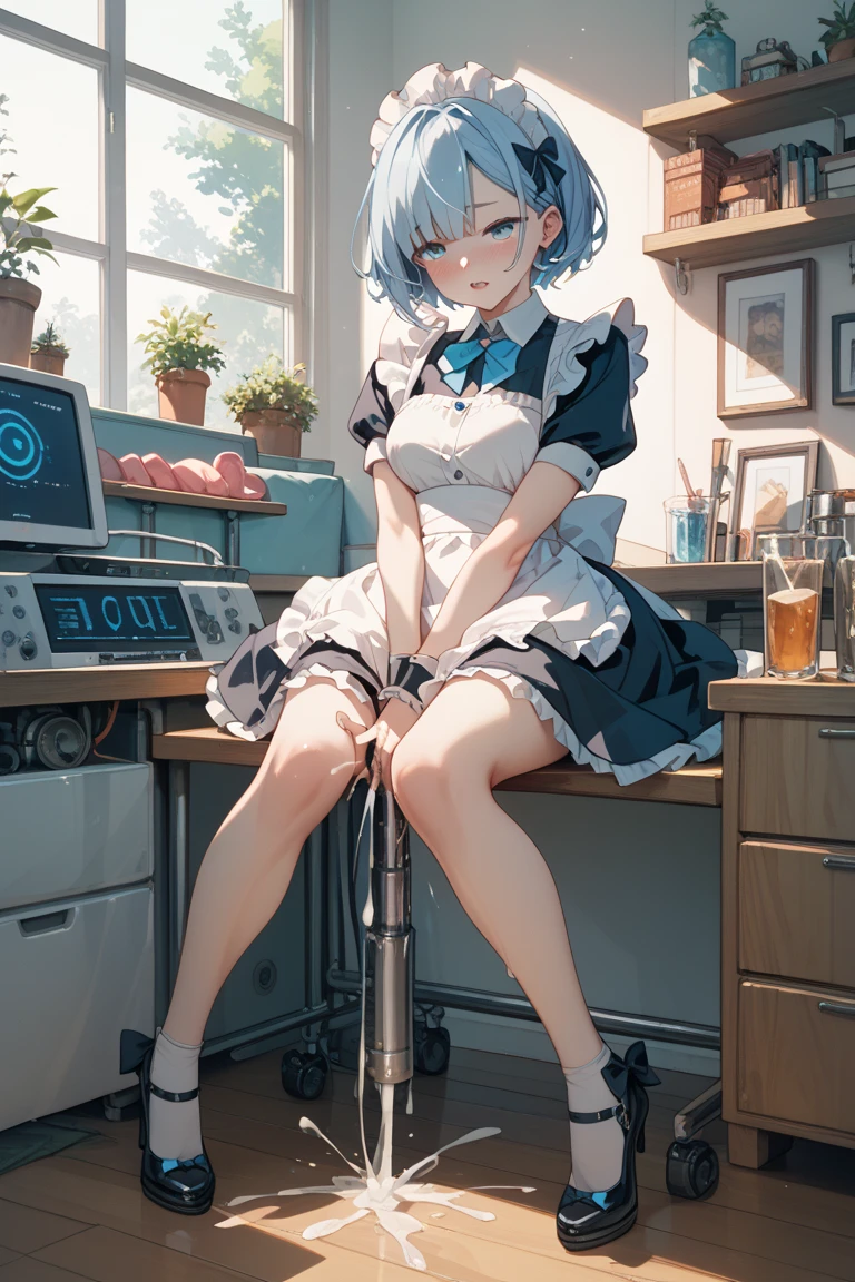 "anime girl, 1 person, silver-white hair mixed with blue, blue eyes, wearing headphones, maid outfit, lolita maid, big breasts, stockings, standing cross-legged, serving, licking lips, perspective tilted, (full HD 4K+ image)"