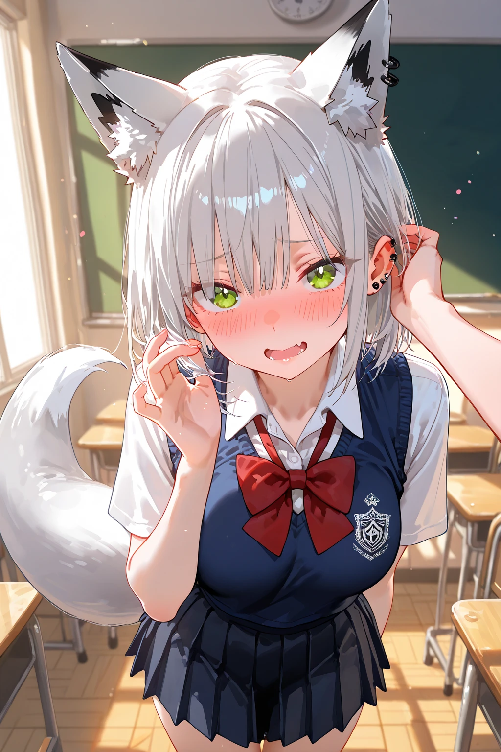 Silver Hair、Wolf ears、tail、Cool、Short Hair、boyish、Hair covering one eye、Small breasts、Licking a dick、Blowjob、Semen is splashed on my face、Expressionless、classroom、high school student、裸、ちんぽを手で扱いている