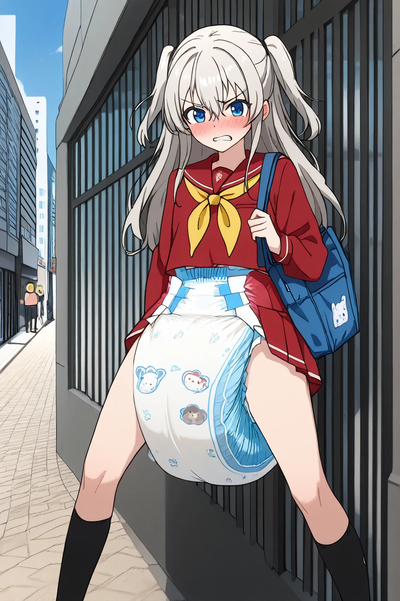 1girl,åå©å¥ç” ª ,long hair,two side up,gray hair,blue eyes,hair between eyes,
school uniform,Serofu,Red Skirt,pleated skirt,short skirt,bag,yellow neckerchief,red shirt,color bone,long sleeve,Black Socks,黒くてlong socks,long socks,brown shoes,grimace,blushing,embarrassing,portrait in the city outside, face_Focus,, (masterpiece:1,2), best quality, masterpiece, high resolution, original, Highly Detailed Wallpaper, perfect lighting,(Highly Detailed CG:1.2),diapers, daylight, diapersを着用, 大きなdiapers, diapersだけを着用, でかいふわふわのdiapers,もこもこした白いdiapers,diaper,abdl,もこもこのdiapers,simple diapers,Wear diapers,I'm wearing diapers,skirt in the clothes,diaper,abdl,diapers, huge diapers, huge poofy diapers, white diapers,thick diapers,2 Japanese female middle school students in thick diapers