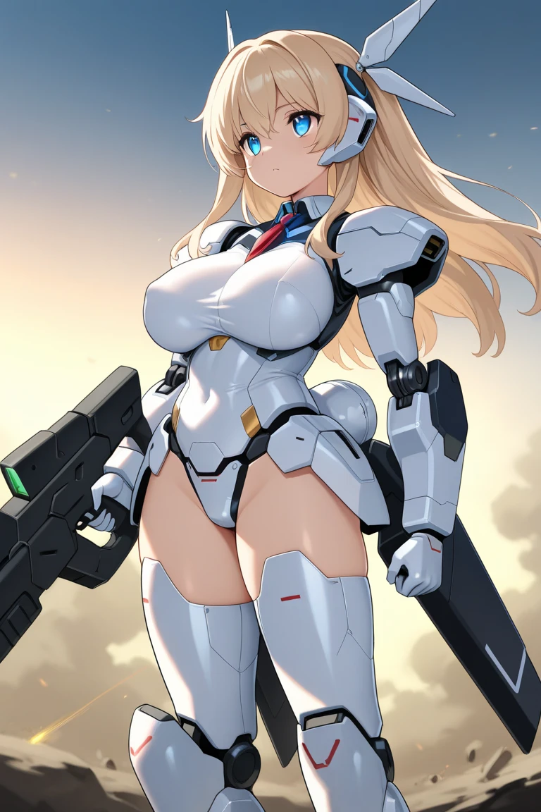 Gray translucent armor,Arm mecha,blonde short hair,Long ponytail hairstyle,Large Breasts,Cleavage,Pistol hanging from waist,fighter pilot,fighter hangar,Sexy,Lipstick,miss,Golden Eyes,stockings,Short skirt,Smile,red glasses