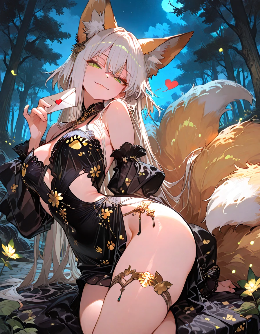 ((Masterpiece)), (Best Quality), Solo, miosha1, hair ornament, ponytail, wolf tail, swimsuit, white shorts, thigh strap, black jacket, leaf print, collar, string bikini, (NSFW:1.2)