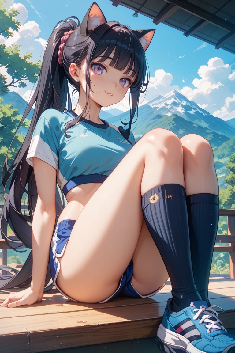 masterpiece, best quality, 1girl, solo, juriswim, tied shirt, bikini under clothes, necklace, short shorts, visor cap, sitting,spread legs,bottomless