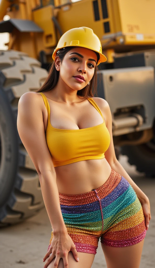 A sexy busty indian female mechanic, sexy torn mechanic overalls, topless, bare midriff, pin-up aesthetic, high detail face, high detail skin, 8, HDR, high resolution, photo-realistic, cinematic lighting, depth of field, bokeh, rim lighting, backlit, cool colours, night