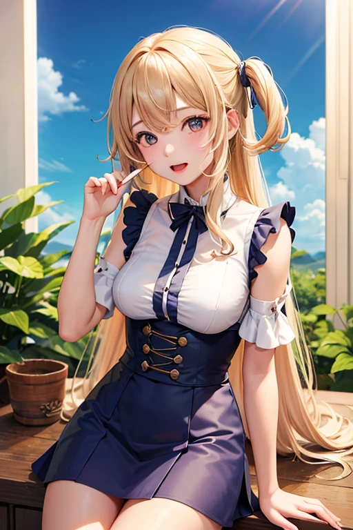 an adult girl, blond hair, two low blonde pigtails, blue eyes, green jumpsuit dress, a green hat on his head, type photo for profile, all with the design and style of Dragon Ball