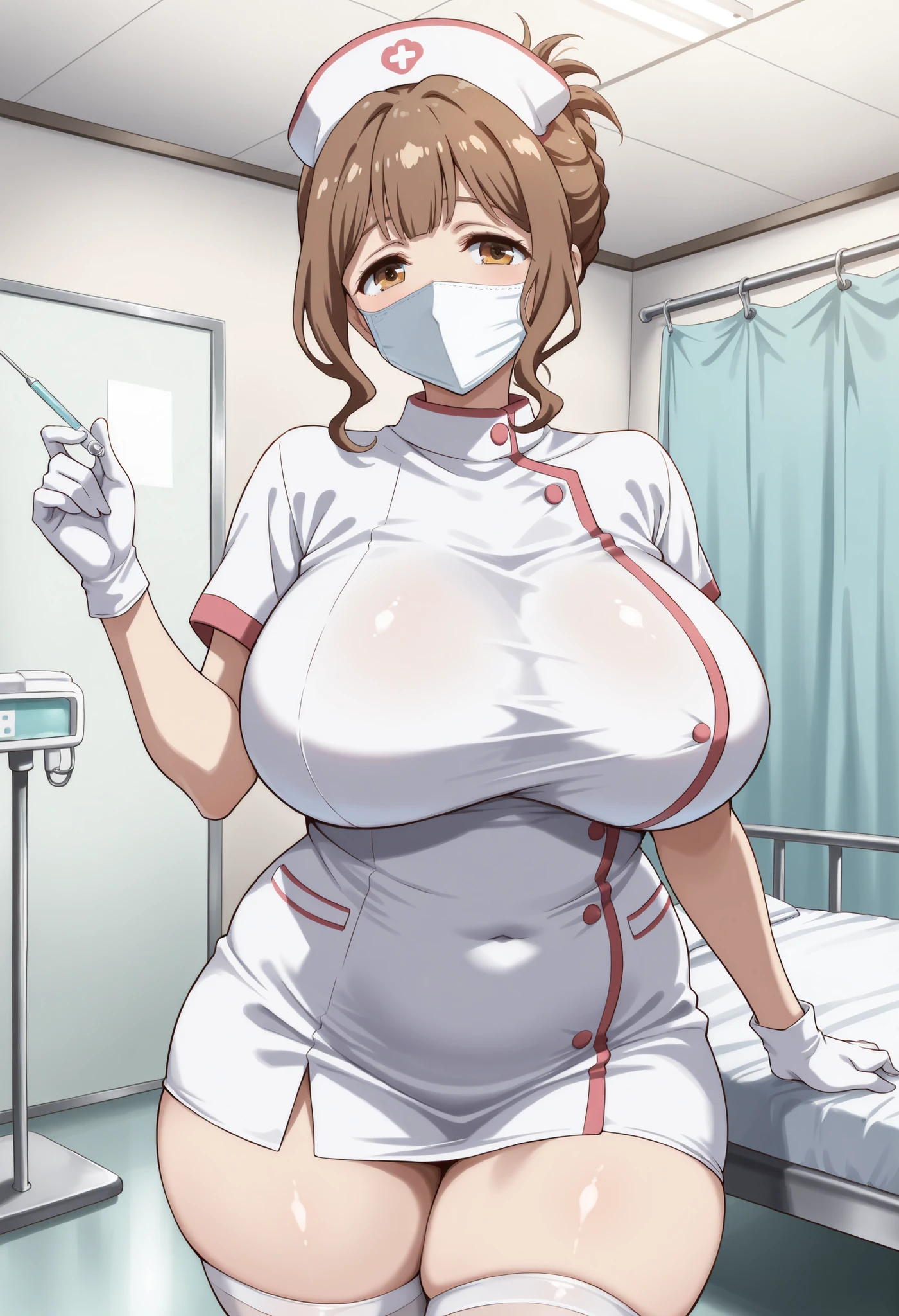 hospital, latex nurse suit,nurse,busty,gloves,labcoat,ginger hair woman, blue eyes , gigantic boobs ,medical instruments,asian nurse,two nurses,speculum,examination room,oversize boobs,mask ,big ass ,strap on