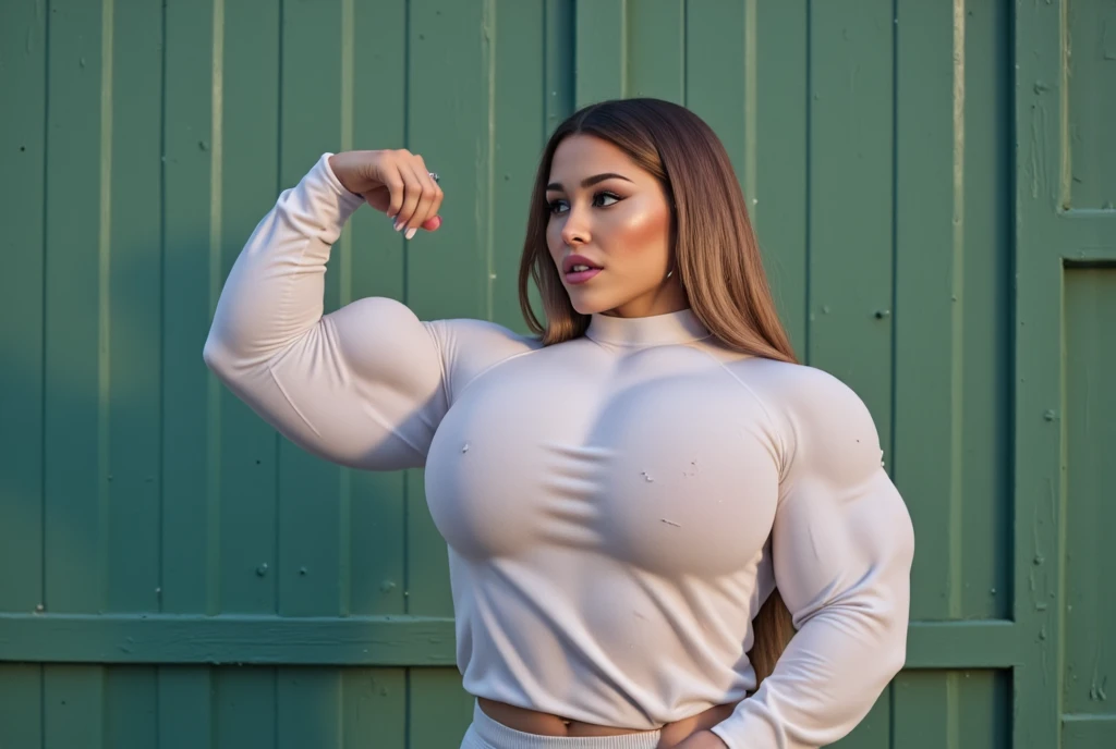 Reflective white silk bodysuit , A heavily muscled bulky muscular crossfit fugure,heavyweight physique, bulging 20 inch biceps, A heavily muscled iffb pro female bodybuilder 11 year old jamie lee curtis, feminine and muscular, exaggerated muscle physique, big muscles, massive muscles,
bulging muscles, ((A mature woman stands in front of an caffe)),((turtleneck shirts:1.3)). 40k, Photography, Masterpiece, Best quality, dark grey background, ((A plump chest)), Perfect face, perfect chest, ((chest-huge)), ((1 girl with brown eyes and gorgeous light black hair)),full soft chest and white skin, ((very soft chest). Ultra-detailed face, Detailed eyes, Embarrassed, Smile, Summer, Daytime, Half body, dated