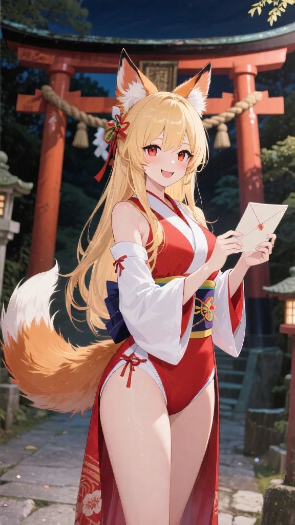 highest quality、smile、Big Breasts、Cleavage、Fox ears、Long blonde、Red Eye、kimono、Are standing、Arms crossed、Japanese-style room