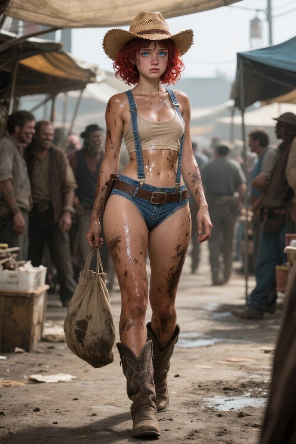 Hyperrealistic photography of two women, in mudflats, thong, French kiss, 30-year-old women smeared with mud, Lena Meyer Landrut, dance pose, light blue underbust corset, ruffles, black tulle skirt smeared with mud, light blue high heels sandals smeared with mud, black fishnet tights, the entire body, red curly hair and clothes are smeared with mud, high quality, realistic lighting, image center, Hourglass proportions, 8k, HDR, BDSM, medium chest size, long legs, tinted, professional photography of a woman, natural skin texture smeared with a lot of mud, 4K textures, Adobe Lightroom, Photolab, HDR, intricate, elegant, very detailed, sharp focus, insane details, intricate details, hyper-detailed, bright cinema light, outdoor atmosphere, chin pulled up, (exposed belly: 1.8 ), (remote shot), dominant facial expression