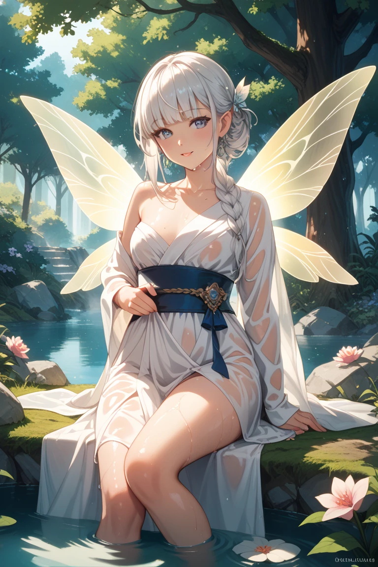 ((realistic: 1.5)),((best quality)), ((masterpiece)),((detailed)), woman, white-haired, blue pupils, angel wings, focus on face, mature, sweet expression, sweet smile, long legs, curves, large breasts, no neckline, long blue dress, wide hips, long eyelashes, sitting in luminous forest, holding a baby