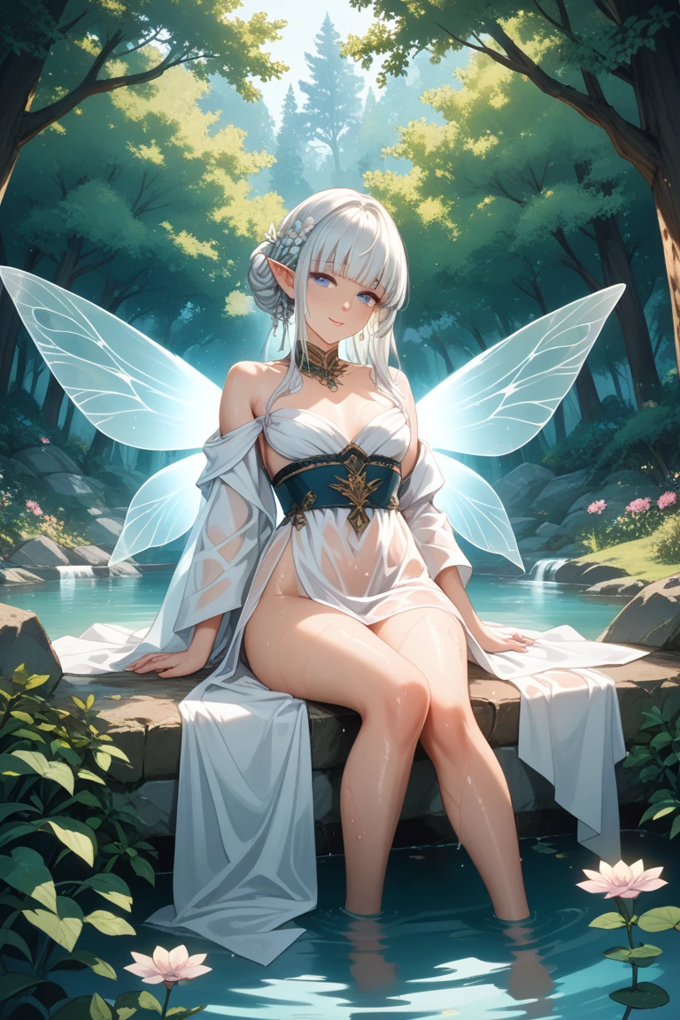 ((realistic: 1.5)),((best quality)), ((masterpiece)),((detailed)), woman, white-haired, blue pupils, angel wings, focus on face, mature, sweet expression, sweet smile, long legs, curves, large breasts, no neckline, long blue dress, wide hips, long eyelashes, sitting in luminous forest, holding a baby