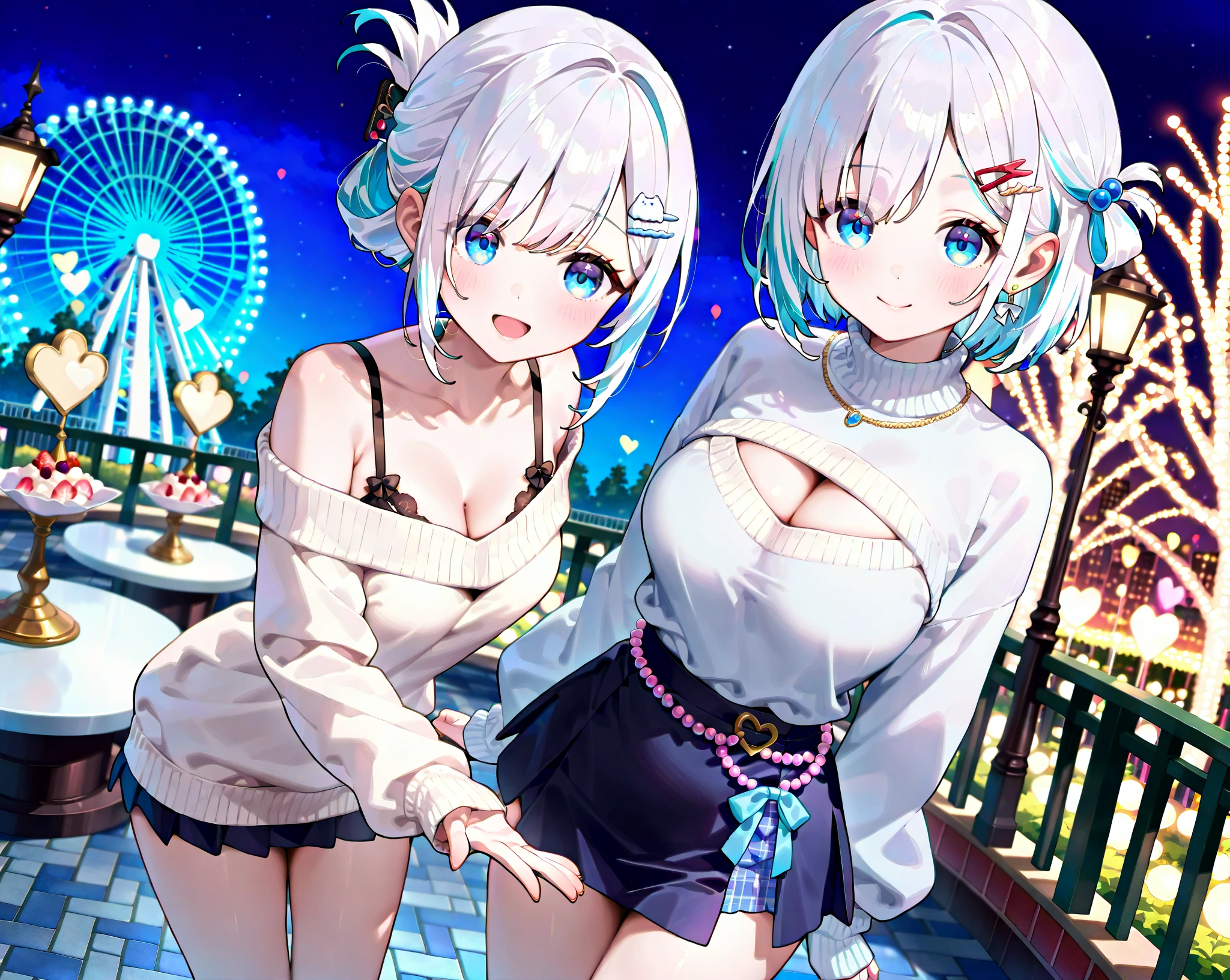 ((((masterpiece, best quality, high resolution)))), 1girl, white hair, short wavy hair, purple eyes, slender body, average breasts, blush, light smile, glow, thighs, bare shoulders, collarbone, narrow waist, cleavage, (beautiful detailed face, beautiful detailed eyes), (oversized short faux fur coat, white lace bra, ripped denim shorts, high heels),