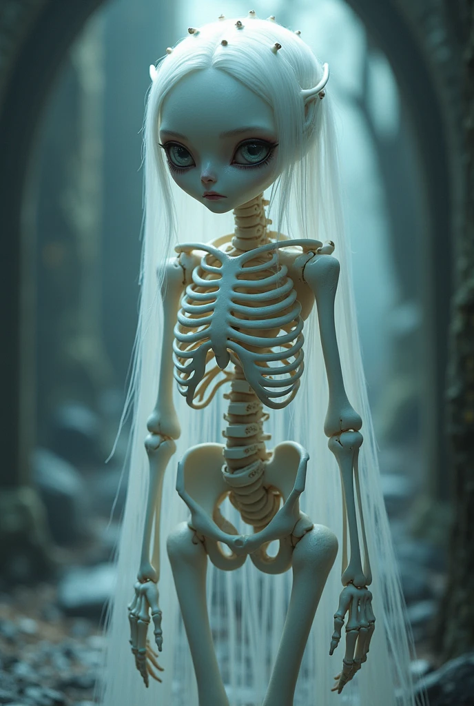 The skeleton girl's ribs and parts of the skeleton are faintly visible., the bones look vaguely light and flutter like ghosts, exudes a thin and enchanting beauty, a white skinned girl with a charming appearance she wears a long white dress that hugs her body, long, smooth, shiny silver white hair and deep eyes showing cunning and coolness ribbon text "Design by Daffa Azriel"