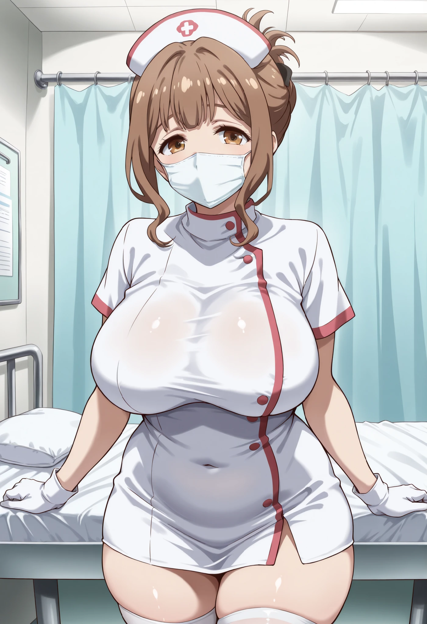 ((masterpiece, best quality, high quality)),1girl, (lower body, hospital), <lora:Old_nurse_3dg:0.5> (nurse_uniform_big, mask, nurse cap, mouth mask, nurse, surgical mask, elbow gloves), <lora:Isako Narita:0.7> (1girl, 3dcg 06, bangs, crossed bangs, eyebrow_through_hair, grey eyes, hairband, huge breasts, isako narita, mature_female, orange hair, short hair, sidelocks, solo),