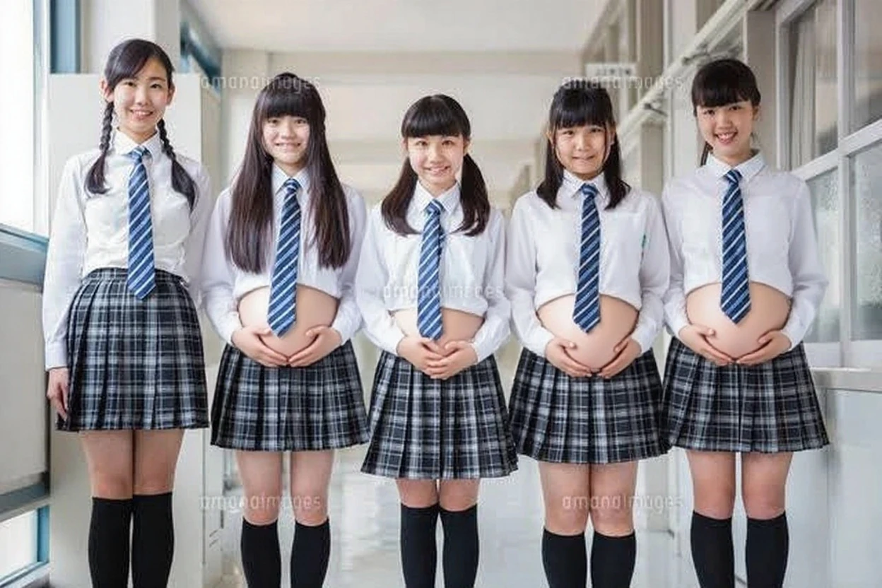 very very big pregnant midriff school sailor uniform woman,belly button,classroom,(group photo,8 people)