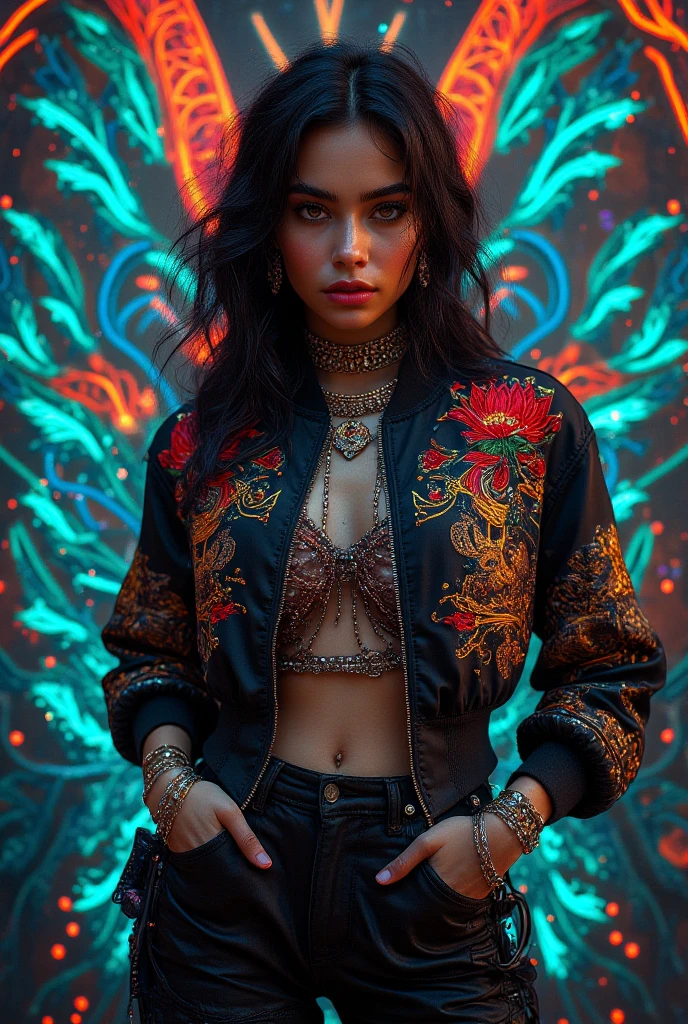 Textures: 1.5, gold: 1.1, white: 1.3, red: 1.3, (indonesian woman), sexy, tattoos, voluptuous, exotics, erotic, (power puffer clothes: 1.2), 3d graffitti, abstract, lines, (batik) , (balinese art), (balinese culture), background circles, by Adam Hughes, art by Jay Anacleto