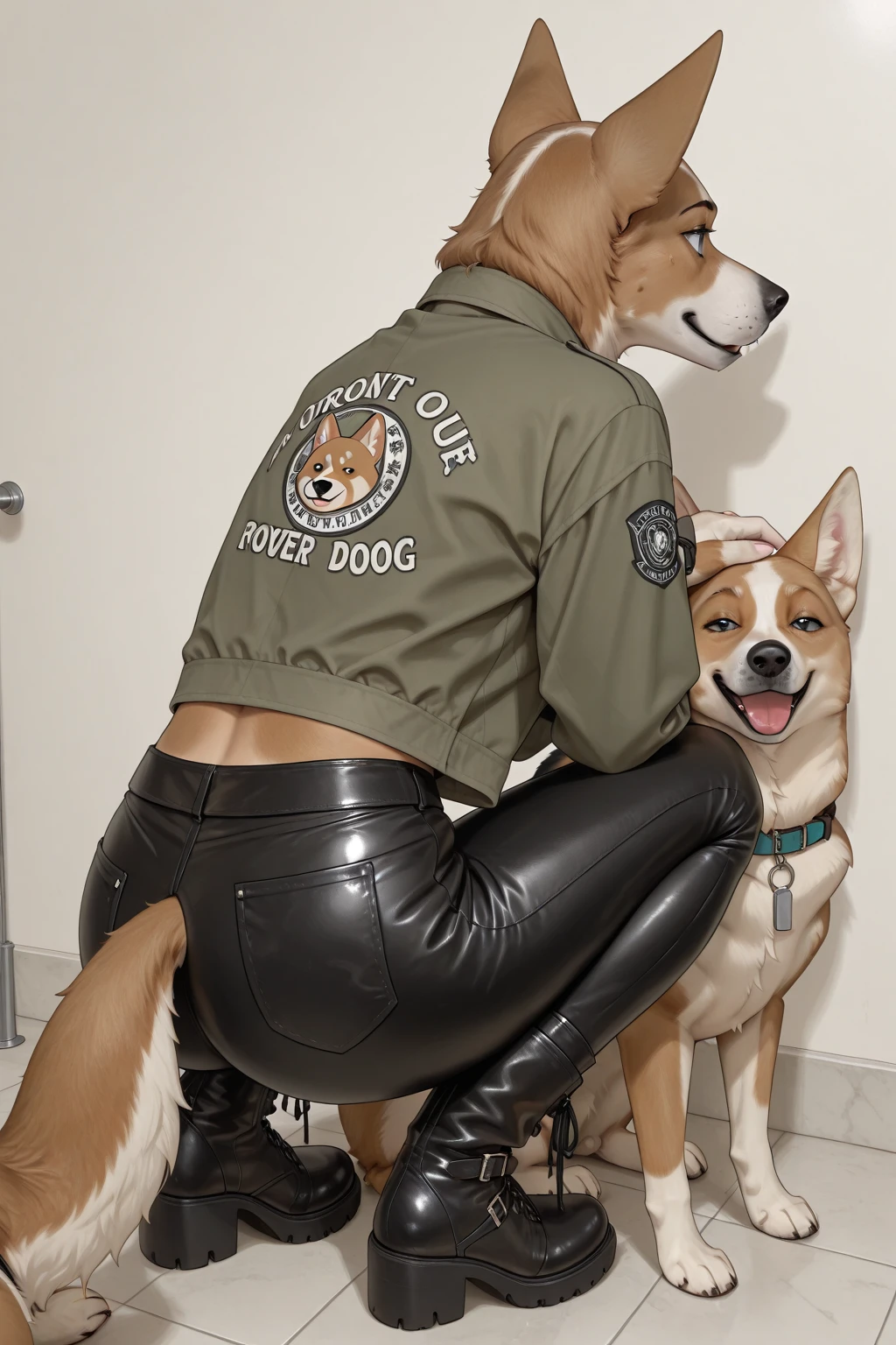Wolf, wearing a motogp racing suit, 4k motogp outfit, standing, big hard dick , straight up dick, erects dick, 4k cum, far cum force, cum at face, moaning face, 4k dick, hard dick stand still, 4k image, uhd details, nice side view, understanding image, at counter, his friend came to suck dick