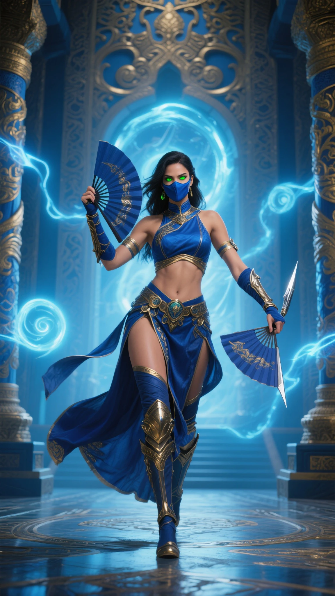(exquisitely detailed CG unity 8k wallpaper, masterpiece-quality with stunning realism), (best illumination, best shadow), (best quality), (elegant style:1.2), Arti modern anime. angled view, heroic pose, midshot, (cel-shading style:1.3), centered image, ultra detailed closeup portrait of kitana, best quality, expressive eyes, perfect face, highres, (ultra details), 1 girl, solo, braid, thighhighs, hair ornament, eyeshadow, mask, gold and blue armor, highly ornamented, shoulder armor, elbow gloves, japanese temple background, portrait, looking at the viewer, piercing eyes, full body, leaning forward, resting, ready to fight, fighting pose, (night time:1), (holding a japanese war fan:1.2) piercing eyes, action fight scene, strike, staring, piercing eyes, night time