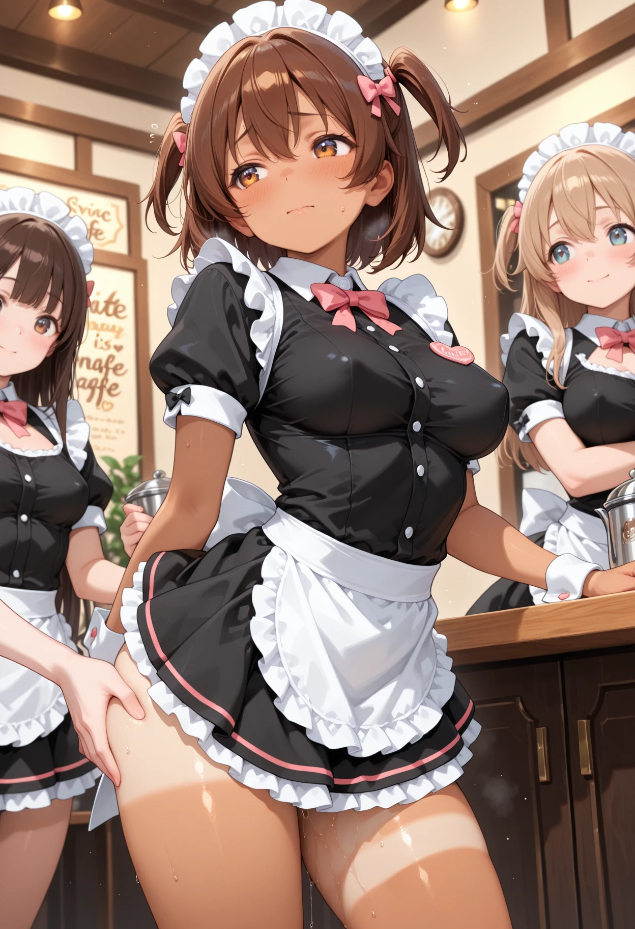 mastute piece,Best Quality,insanely detailed,8k cg,nsfw,
(2girls:1.2),(2girls line up in a row:1.3),(all girls long white transparent apron only,no bra:1.2,no panties:1.2,bare breasts:1.2,bare teats:1.2,bare:1.2),BRAKE,blush,shy,ecstasy face,gasping,(trembling1.1),light orange hair,perfect breasts,perfect nipples,perfect teats,open mouth,
coffee shop,