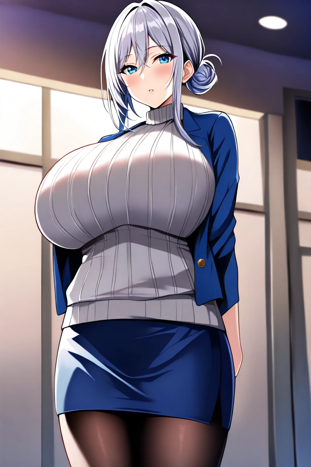 alone、((Huge breasts))、White Hair、Very short hair、blue eyes、Tight waist、student、blazer、slacks、tie、expensive、Red cheeks、Perm、A confident smile