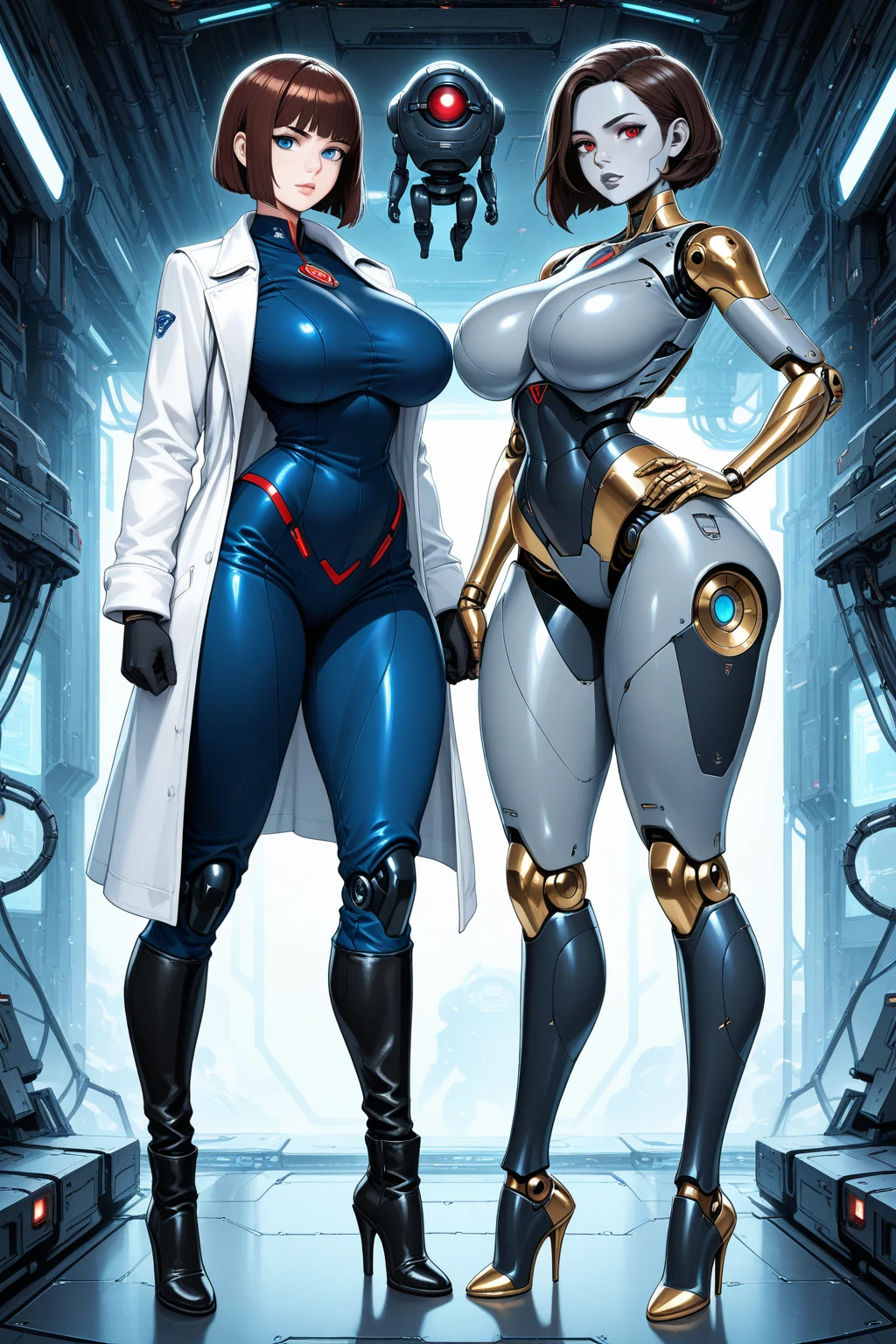 ((Radiant Aura:1.7)), 8k ((full body view))((view from below:1.6)) (large eyes:1.3), defined cheekbones, looking back, ((the pit style:1.4))((sleek chrome bodysuit:1.6)) ((zentai bodysuit:1.6)), ((visor))((intricate metal details:1.4))detailed face:1.5), lightblue skin,(puffy lips:1.5) (lightblue skin:1.6), (bald woman:1.7), (skinhead) ((sexy pose)),(Muscular:1.3), ((gigantic breasts:1.5)), )highly detailed, majestic, digital photography, art by artgerm and ruan jia and greg rutkowski, ((metal shoulder pads:1.2)), (masterpiece), sidelighting, intricate details, black and blue color palette