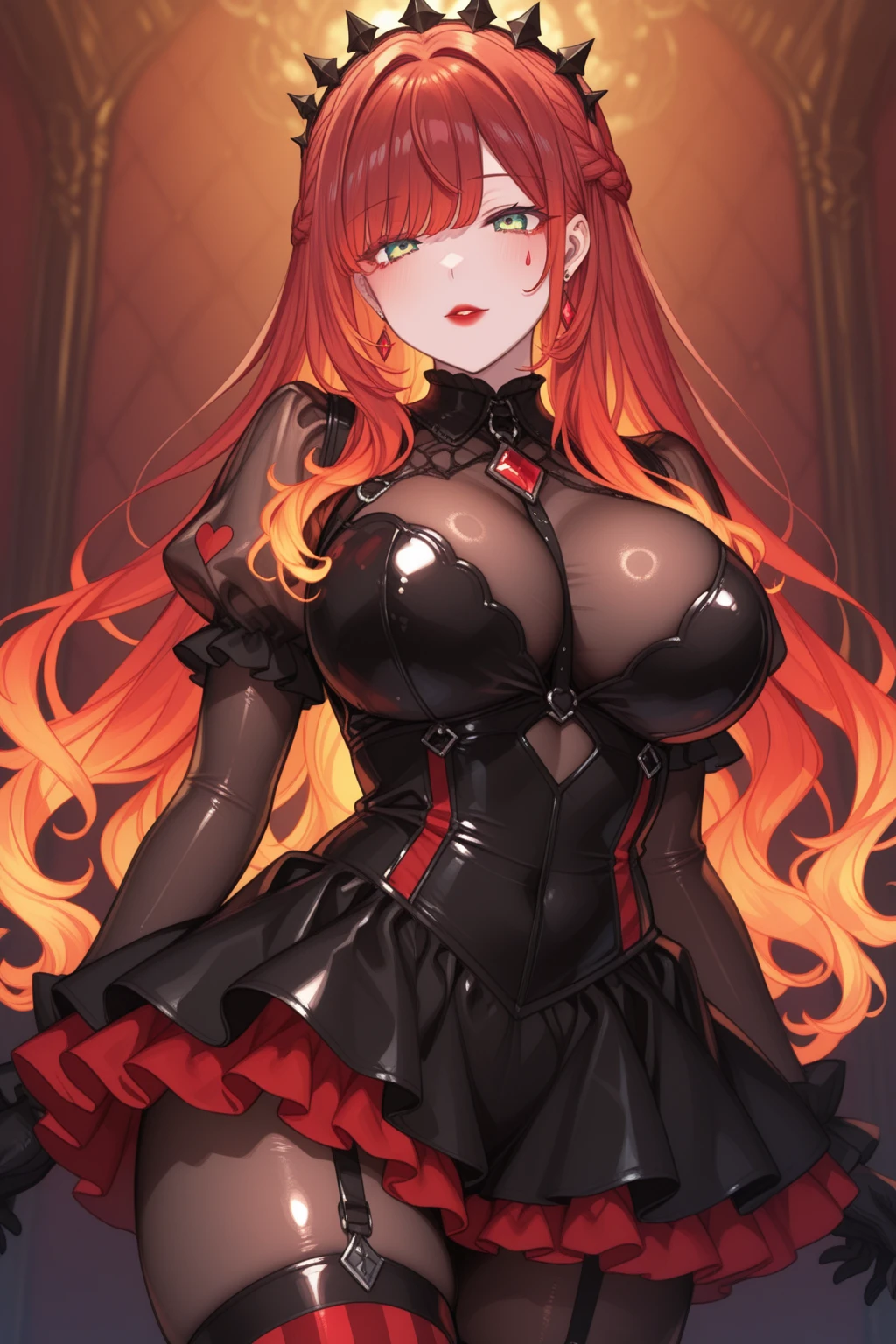 girl, with giant breasts, Red hair, wide, crimson eyes, black dress