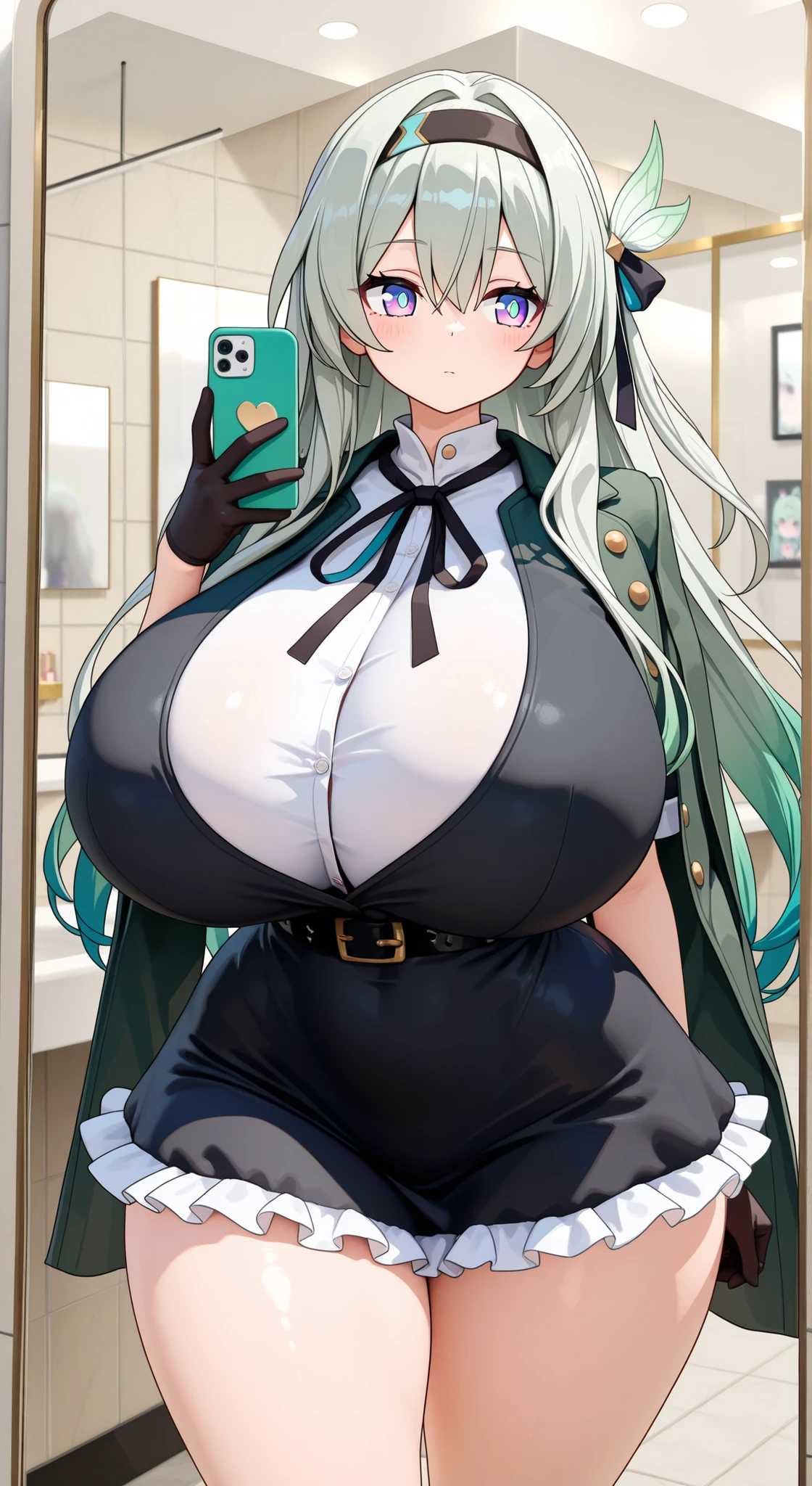 ((Very large breasts)), (Surreal), (High resolution), (8K), (Very detailed), (Highest quality), (Super detailed), (masterpiece), (Detailed face), alone, 1 Girl, Smiling, ((Odd Eye)), ((Light blue right eye)), ((Left eye is violet)), (((Light blue hair))), (curvy), (((gigantic breasts))), (Twin tails), (glow eyes), One mole on the chest, (Very large nipples), (Off the shoulder), Jacket, (chiffon), Long nails, Black Nails, ((frills)), (((operate smartphone))), (looking away)