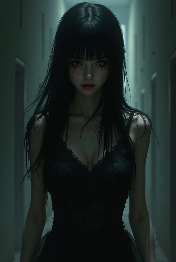 Oil-painting illustration of a pale Korean woman with a dichotomous face, sitting expressionless in a decaying experimentation complex, one side of her face is zombie-like featuring a rotten eye while the other side remains beautiful, dark black hair with ultra-straight full bangs cascading downwards, red glowing eyes radiating an eerie allure as she gazes at the viewer, clothed in a short outfit, surrounded by an atmosphere of decay with dark hues of purple, red, black
