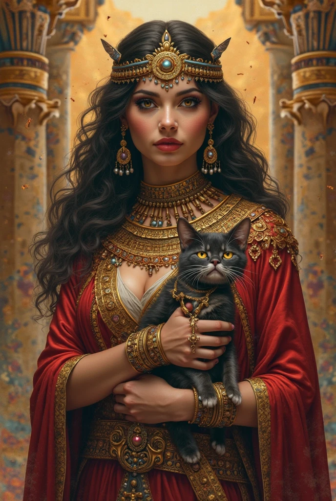 Please take a picture of Cleopatra up to her shoulders, and have a black cat by your side 