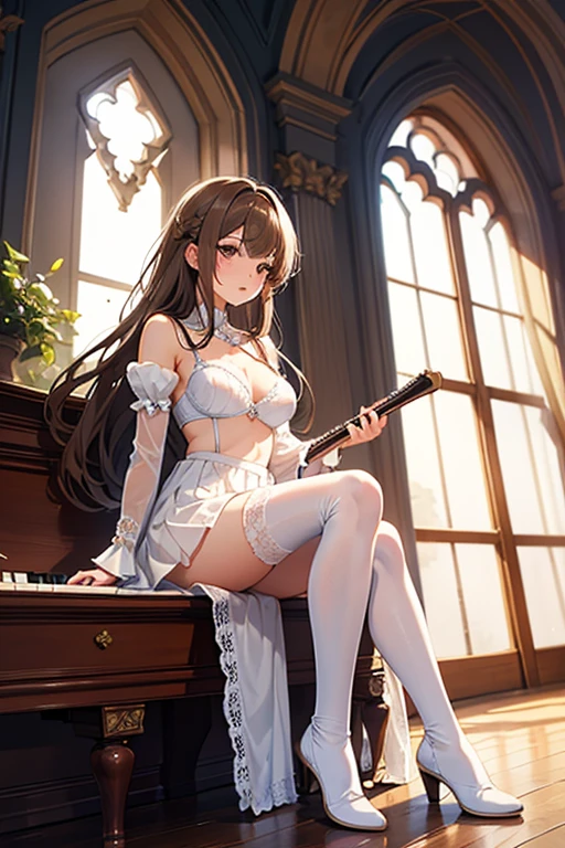 (((masterpiece, Highest quality, High resolution, 超High resolution, Perfect Pixel, Depth of written boundary, 4K, RTTX 10.0))), Beautiful Anime Women, Beautiful art style, Anime characters, ((Smooth texture, Realistic texture, Anime CG Style)), Exact finger count、Exact number of legs、(Exact number of arms:1.0, Exact number of hands:1.0), (Perfect hands, Perfect Anatomy), Cinematic, Realistic, Extremely detailed CG, Daytime lighting, Perfect lighting, Best Shadow, The best natural light, whole body, Perfect body, バランのとれたPerfect body, Perfectly balanced style, (Slender body:1.2), ((Long Hair, bangs, Reddish brown hair, Stylish hairstyle)), ((A cute woman stands with her hands in her panties:1.8)), (Put one hand in your panties:1.8), (fingering:1.8), (pussy juice:1.5), ((Bow tie around neck, High heels:1.3), (Sexy and cute white underwear:1.3), (Stylish shiny white satin panties, Side-tie panties, Panties with white center and lace decoration on the sides:1.3), (Thin panties with lots of frills and ribbons:1.3), (White micro lace satin bra, White bra with lace trim, A thin bra with lots of frills and ribbons:1.3), (lace garter belt, Garter Strings, Knee socks:1.3):1.3), (Beautiful big , Cleavage:1.1), (Embarrassed expression:1.4), blush, (sexual pleasure expression:1.5), (The expression of someone who is holding in the toilet:1.4), (Look up, Mouth half open:1.4), (Half-close your eyes:1.3), (Stylish bar, Stylish restaurant, Many customers in the background, A busy store, Chair, table:1.3), naked, In underwear, Waitress in underwear, (Frilly maid-like headband:1.2), whole body, Angle from the front, chizuru