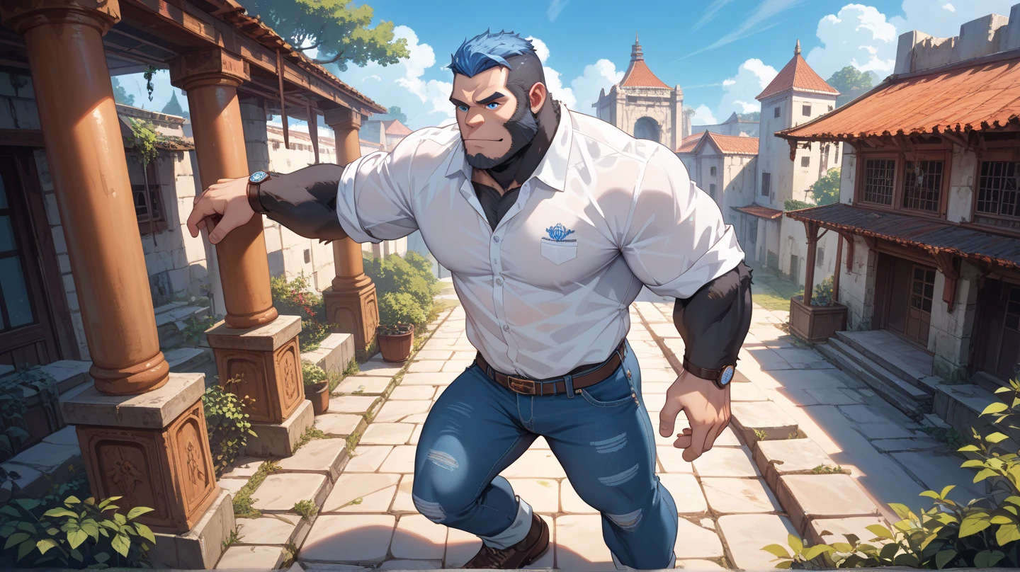 New Jersey 5 Furry,polar bear,Exquisite,portrait,Solitary,muscular body ,strong ,Thick arms,Rugged muscles,blue and White plush fur,Black eyebrows,Sky blue eyes,Beard,absurd, High-quality illustrations, Ultra-high resolution, Detailed background, standing in a town,night, blue lights some building,dynamic poses, cool black pant,blue t-shirt,blue cape