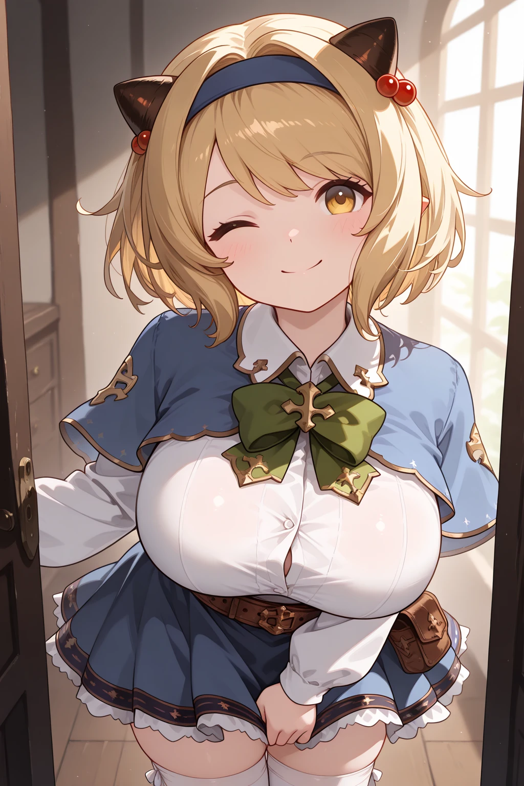 （One girl）、(short hair)、(sidelock)、((Blonde))、Princess Connect、((boyish))、huge breasts、[Chubby]、(beautiful girl)、[Big thighs]、Green Eyes、(Healer)、Black Vest、black leggings、White sleeveless、hairs between eyes、(long gloves)、closed mouth、wink、((see-through))、arm behind back
