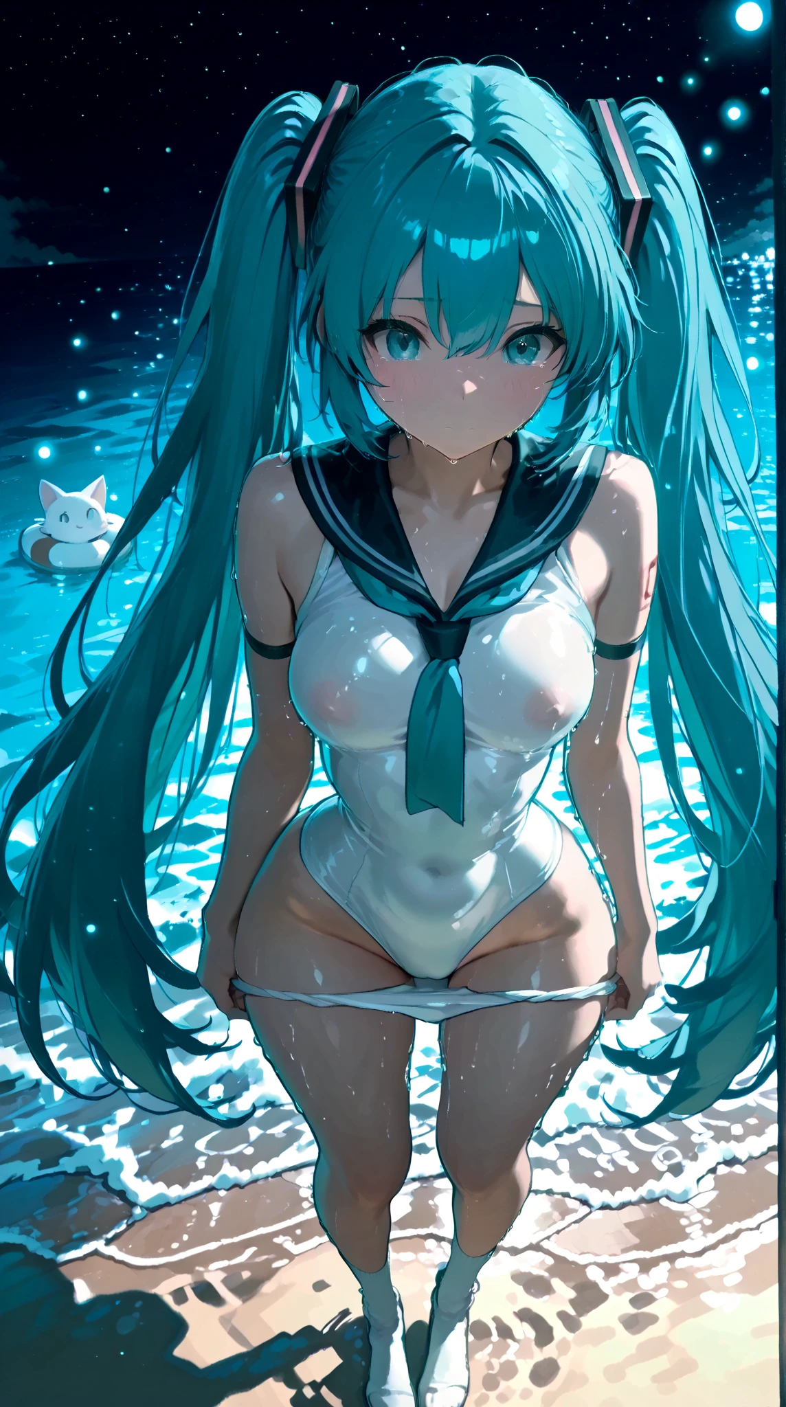 1 girl in、blue hairs、swim wears、Twin-tailed、Open legs、Lower breast、