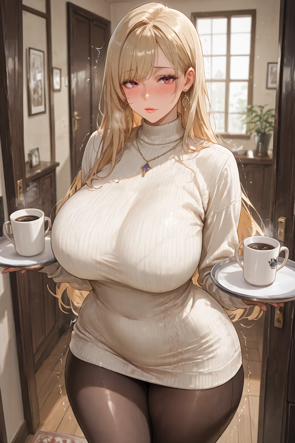 ((masterpiece, best quality:1.4)), illustration, 8k, hd, cowboy shot, anime style, detail face, detail eyes, rich girl, café, white T-shirt, brown coat, brown trousers, (massive boobs), long white hair, brown eyes, mature, sad, ((lifeless eyes, bland eyes)), depressed, sitting, drinking coffe