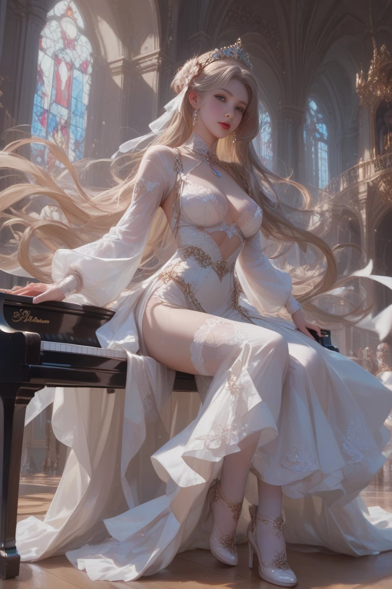 ((best quality)), detailed, ((attractive but tasteful)), Slim woman, curvy woman, Victorian clothes, long wavy hair, long dress, Long legs, Dress with ruffles, room with piano, decoration with white flowers, white hair,, ((Innocent posing)), ((Skinny body)), ((a hint of sensuality)), ((low key lighting)).